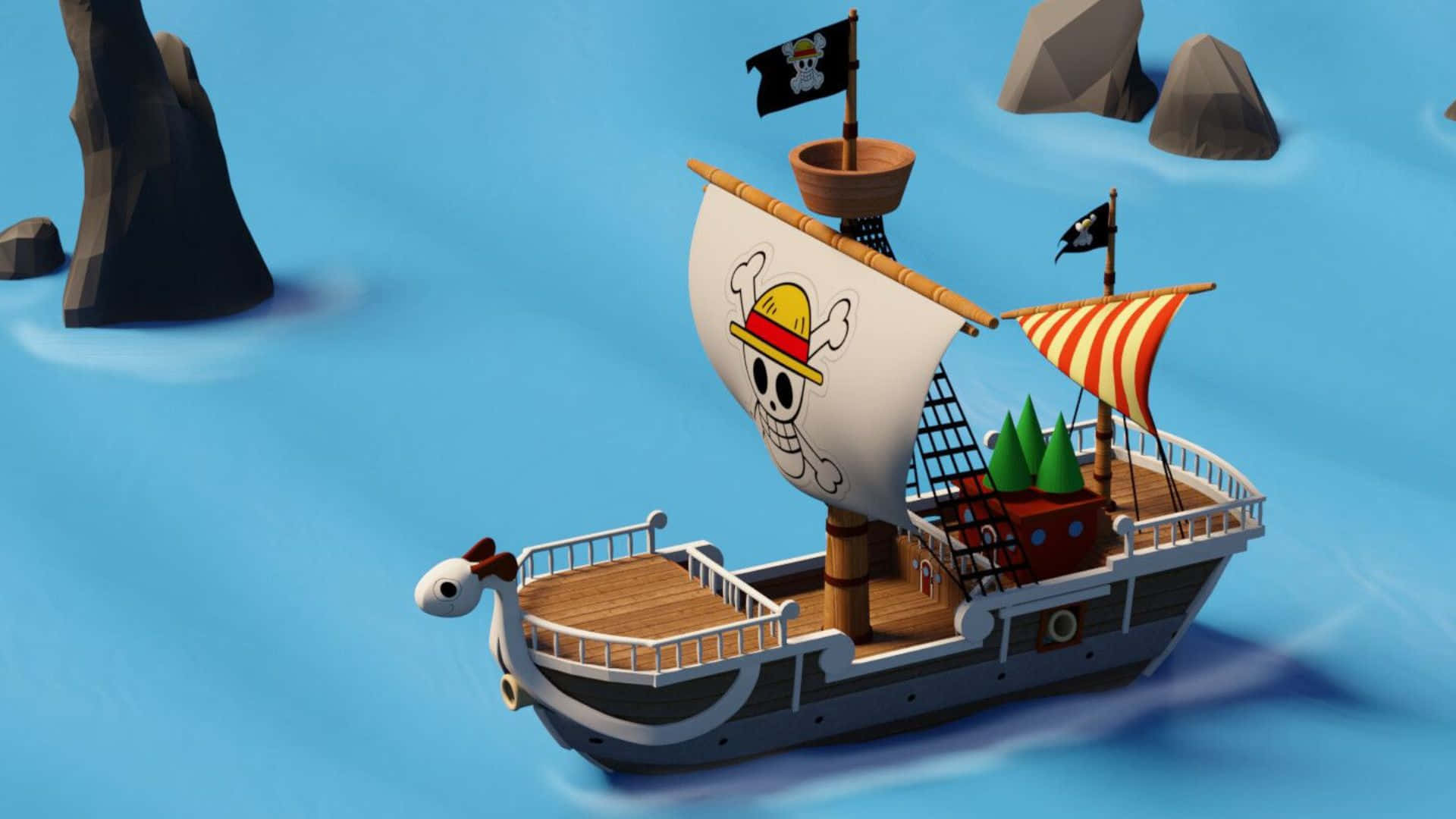 Going Merry, skull and hat flag, calm blue water, Full HD Desktop Wallpaper
