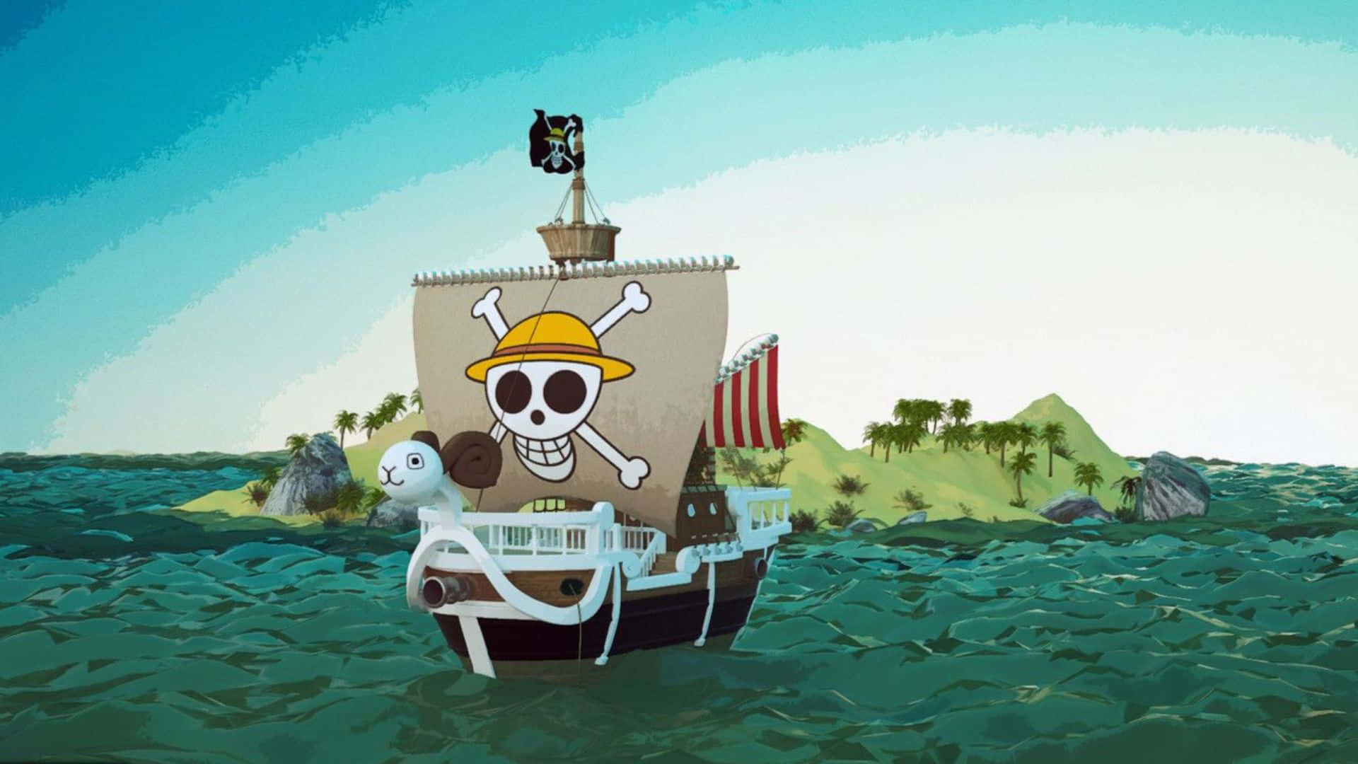 Going Merry, skull and crossbones flag, teal waves, Full HD Desktop Wallpaper