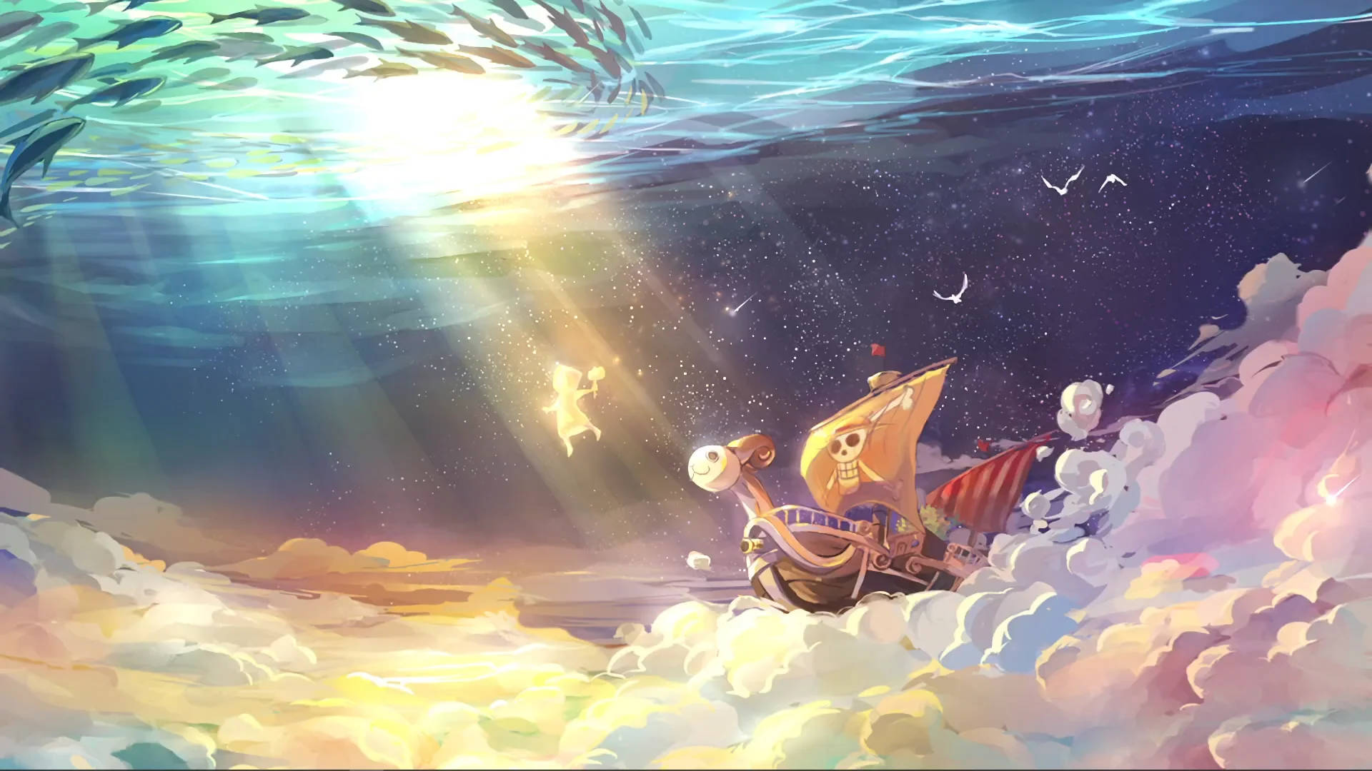 Going Merry, sunbeams, clouds, Full HD Desktop Wallpaper