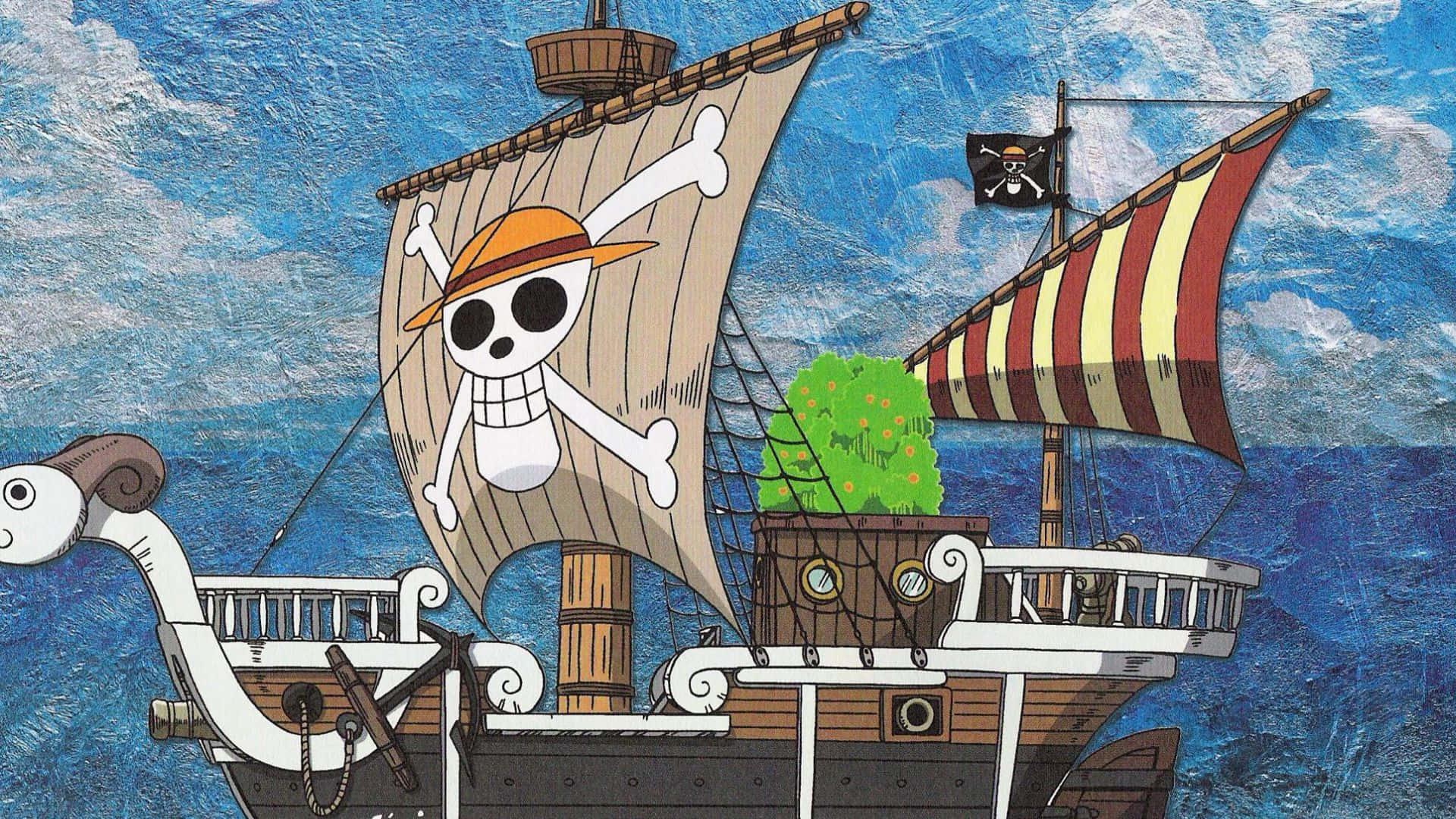 Going Merry, skull and crossbones flag, choppy blue waters, Full HD Desktop Wallpaper