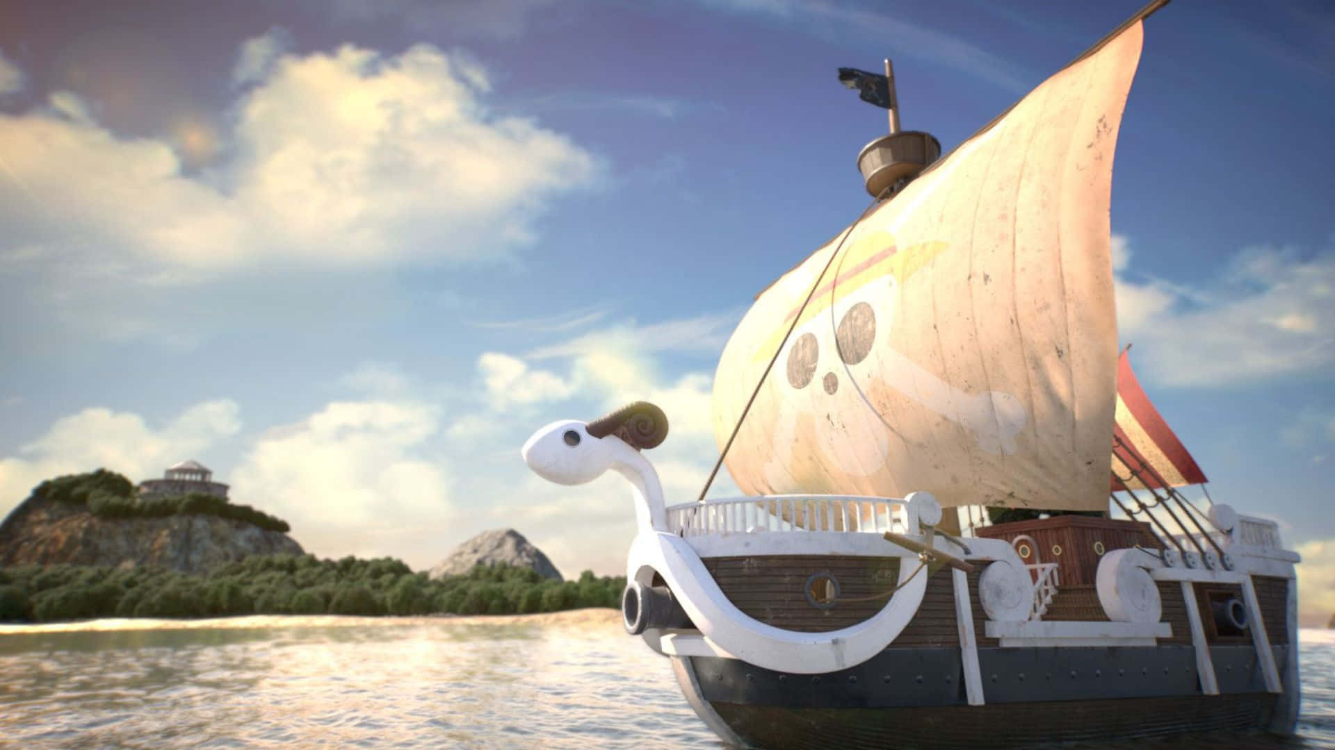 Going Merry, skull sail, calm waters, Full HD Desktop Wallpaper