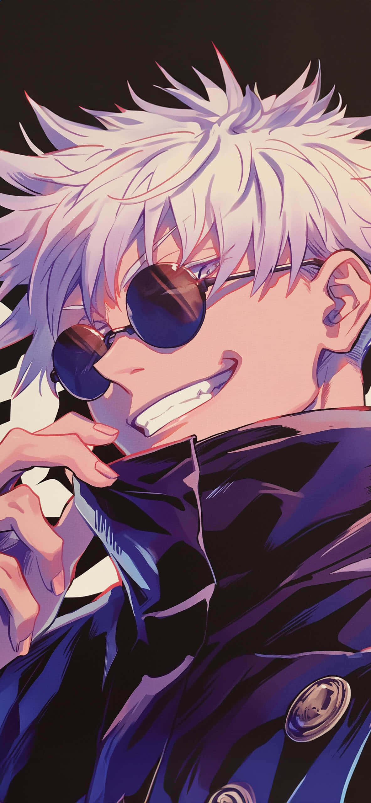 Gojo, spiky white-haired anime character, dark sunglasses, 2K Phone Wallpaper