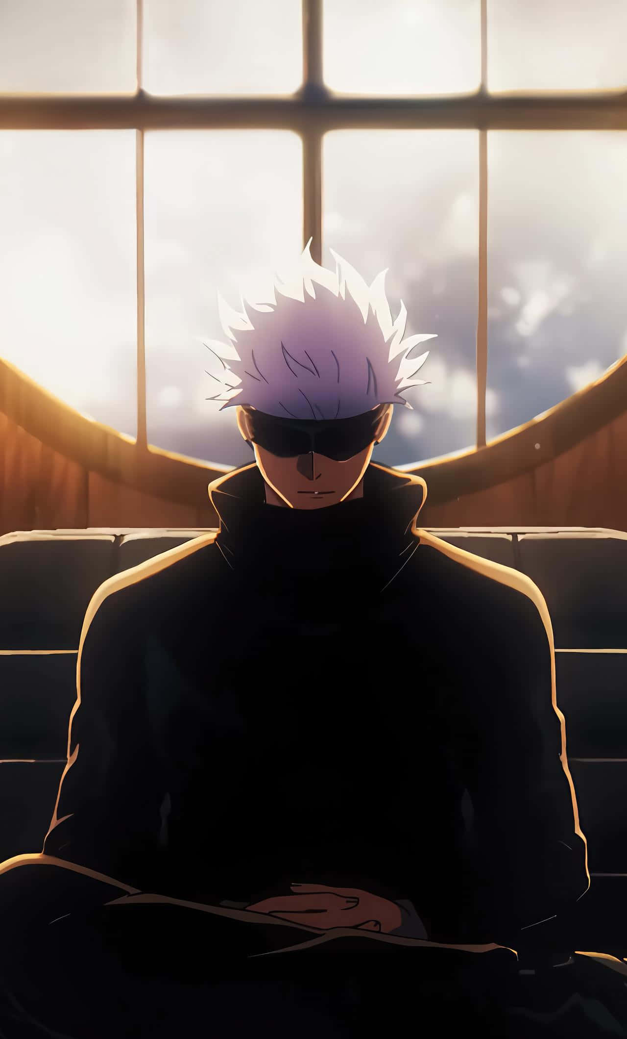 Gojo Aesthetic, spiky white-haired anime man, black cloak, Full HD Phone Wallpaper
