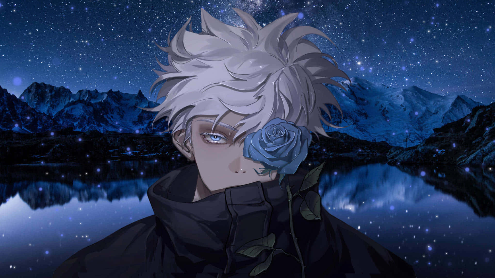 Gojo Aesthetic, silver-haired anime boy, blue rose, Full HD Desktop Wallpaper