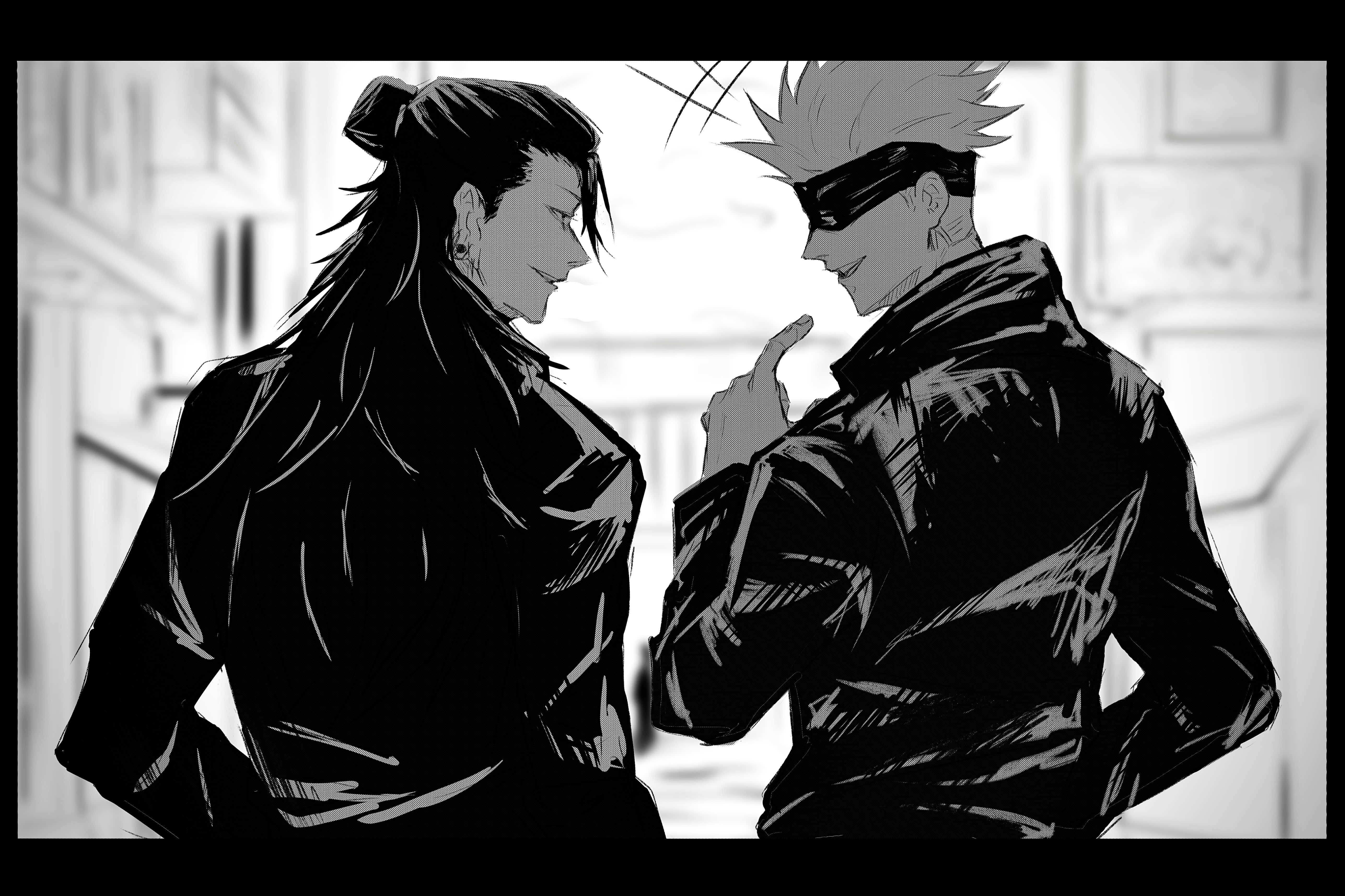 Gojo, Geto, black and white street scene, 5K Desktop Wallpaper