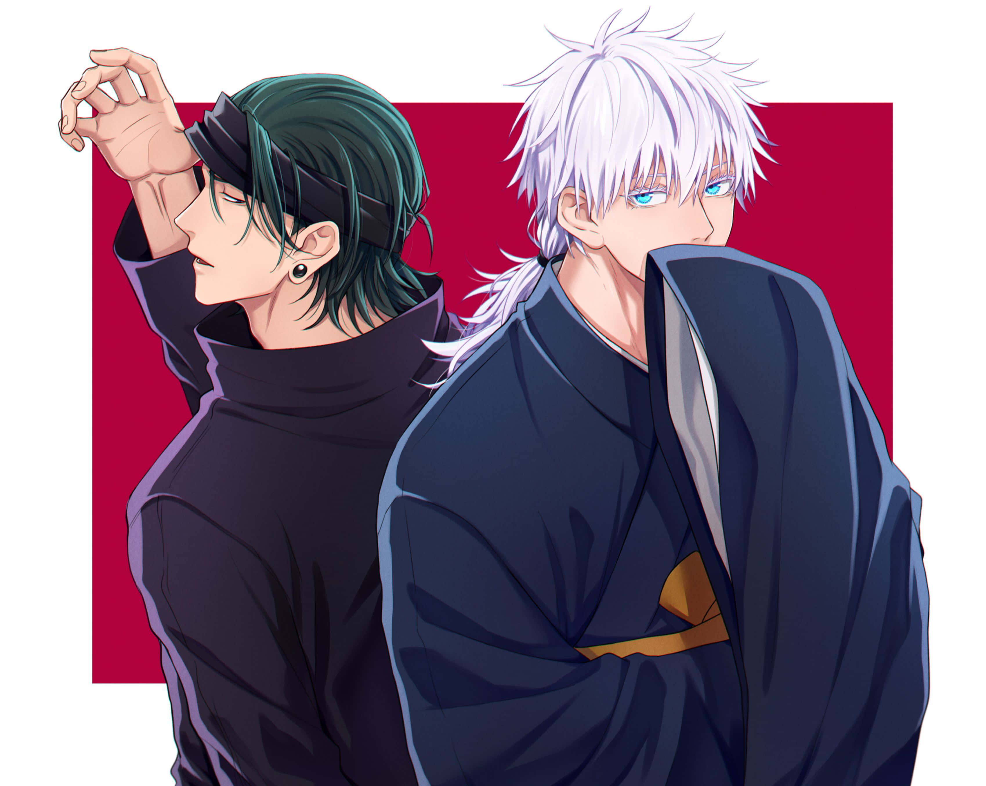 Gojo, Geto, green hair, 2K Desktop Wallpaper