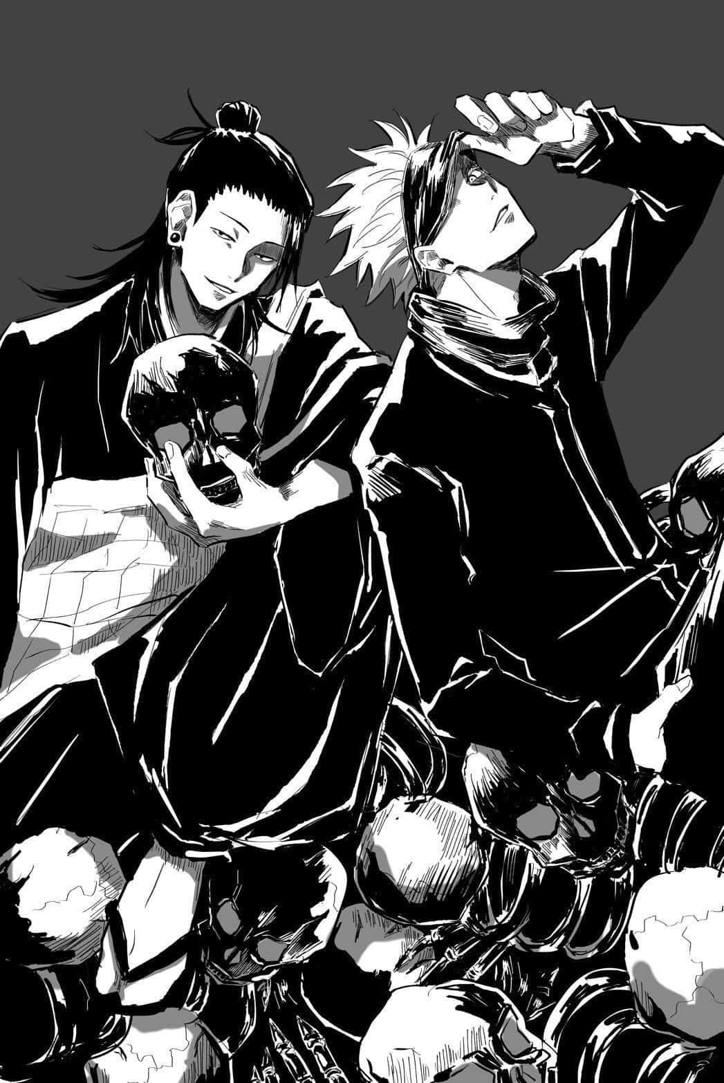 Gojo, Geto, monochrome illustration, HD Phone Wallpaper