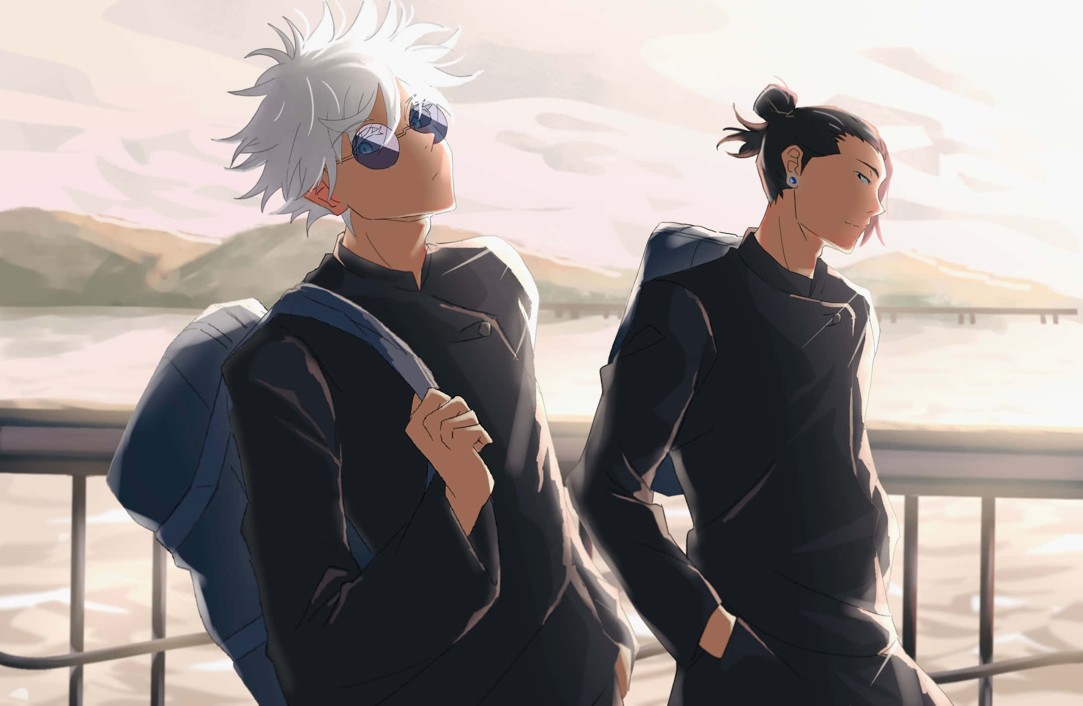 Gojo And Geto, sunset, railing, Full HD Desktop Wallpaper