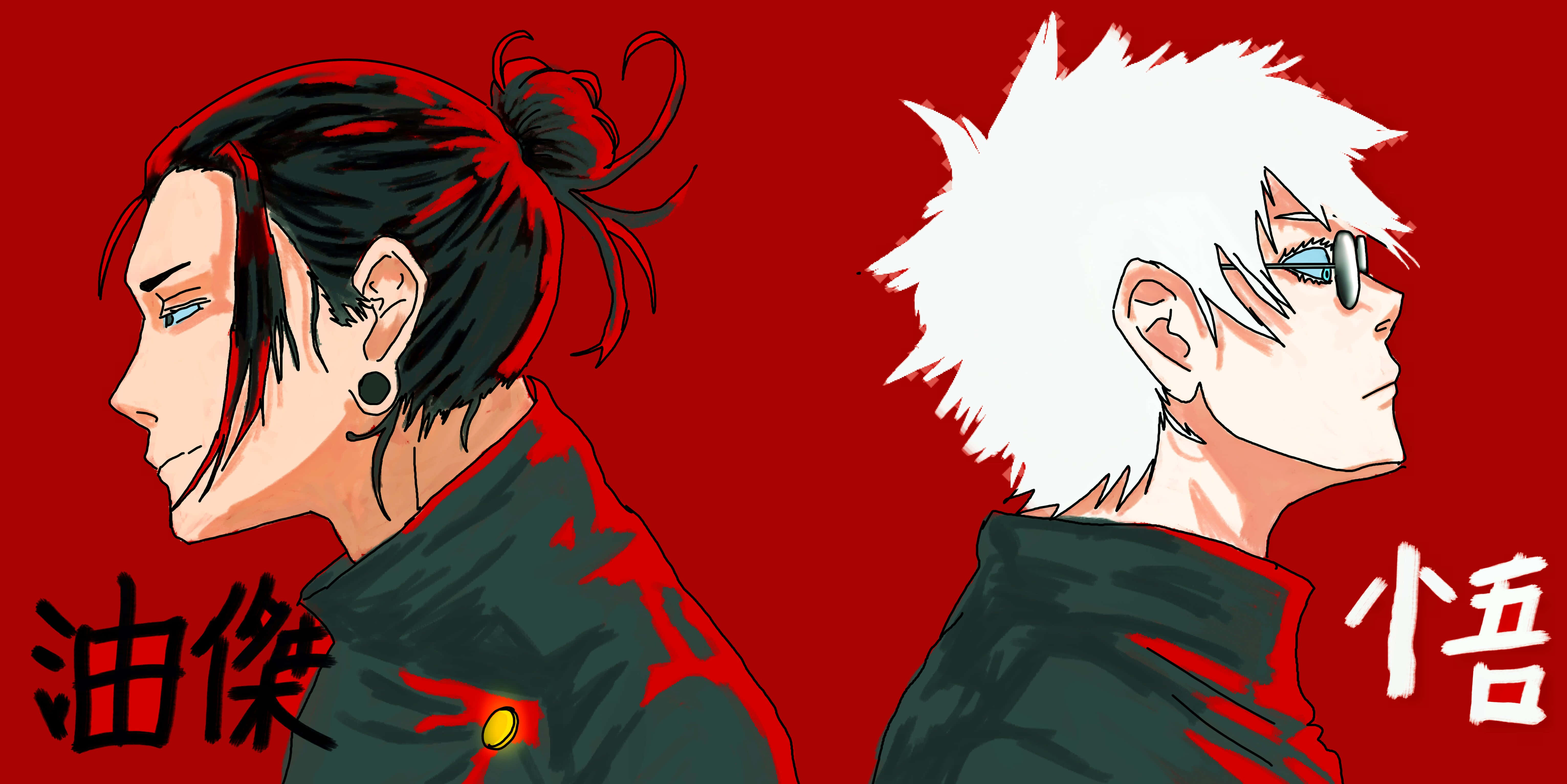 Gojo And Geto, red backdrop, anime characters, 5K Desktop Wallpaper
