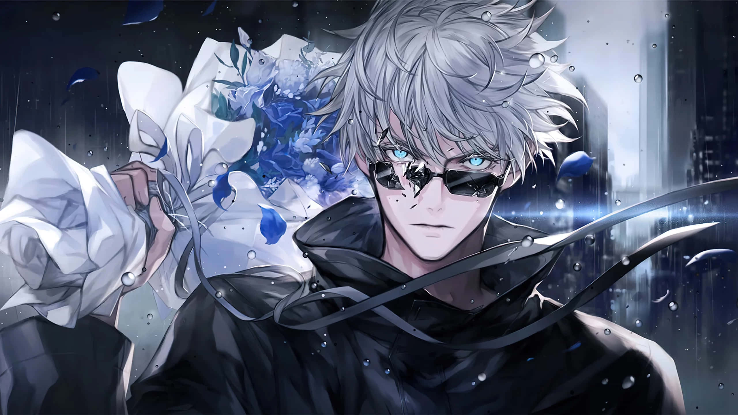 Gojo, silver-haired anime man, black coat, 2K Desktop Wallpaper