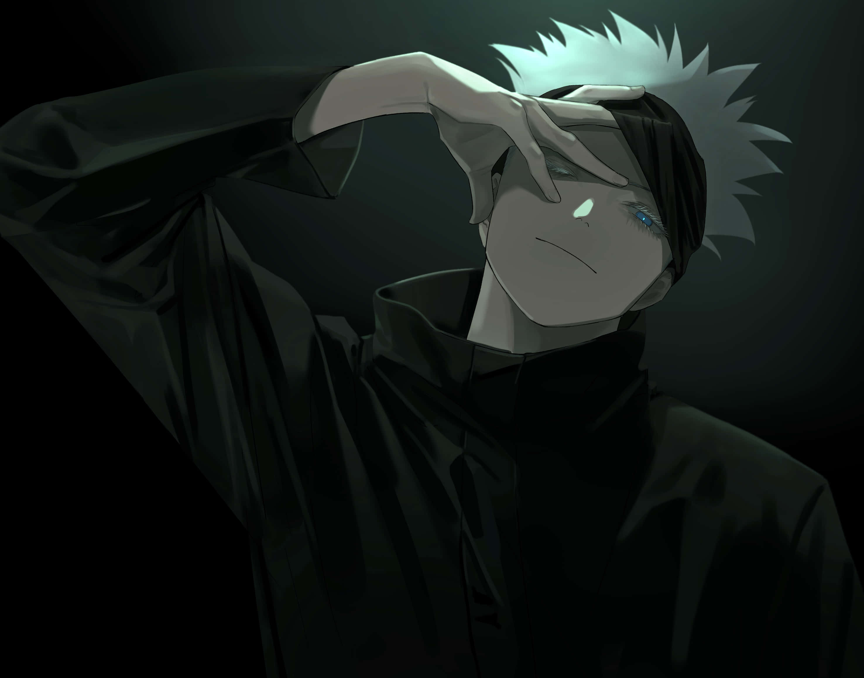 Gojo, spiky-haired anime character, dark cloak, 2K Desktop Wallpaper