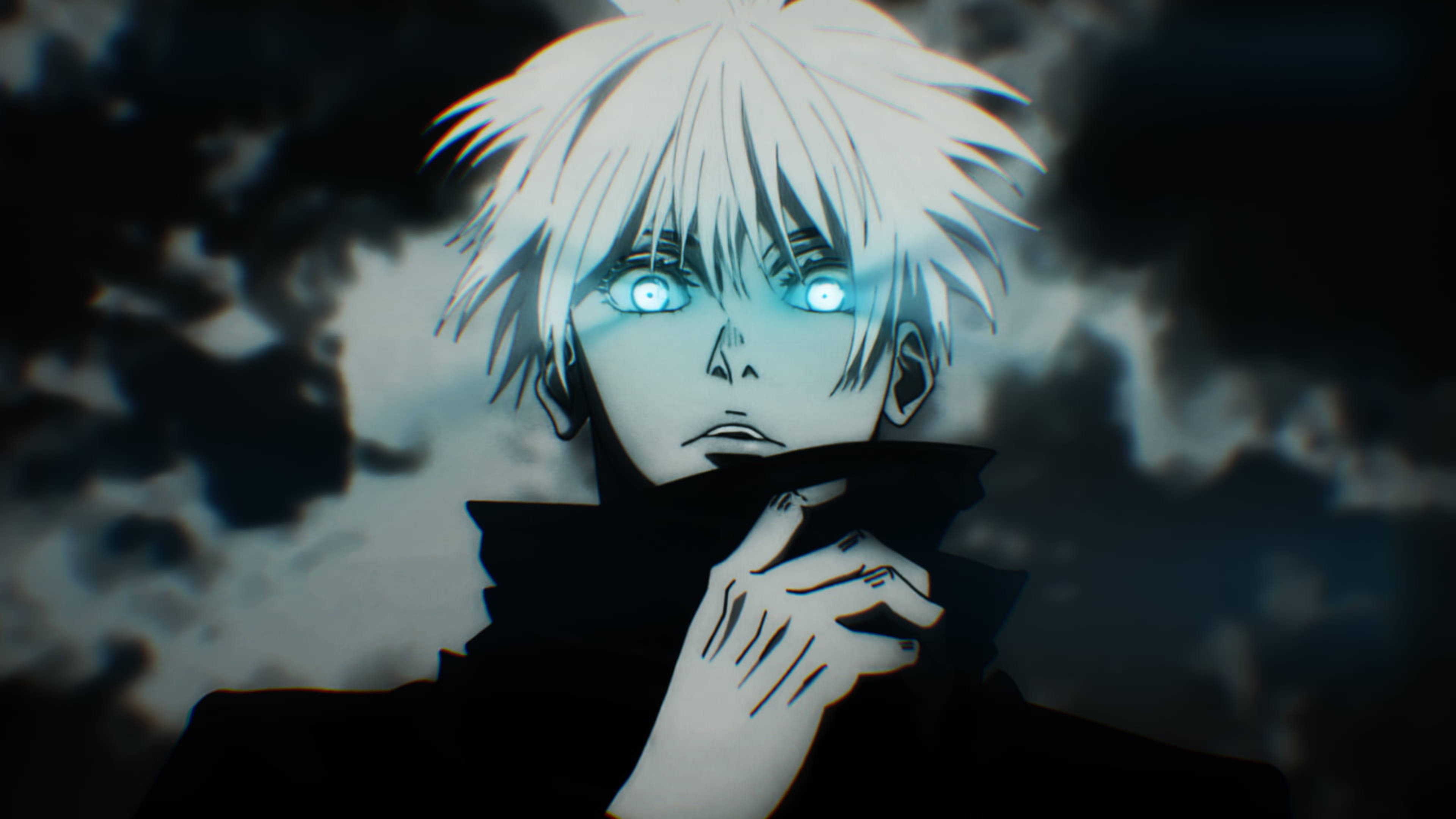 Gojo Satoru, glowing blue eyes, spiky white hair, 4K Desktop Wallpaper