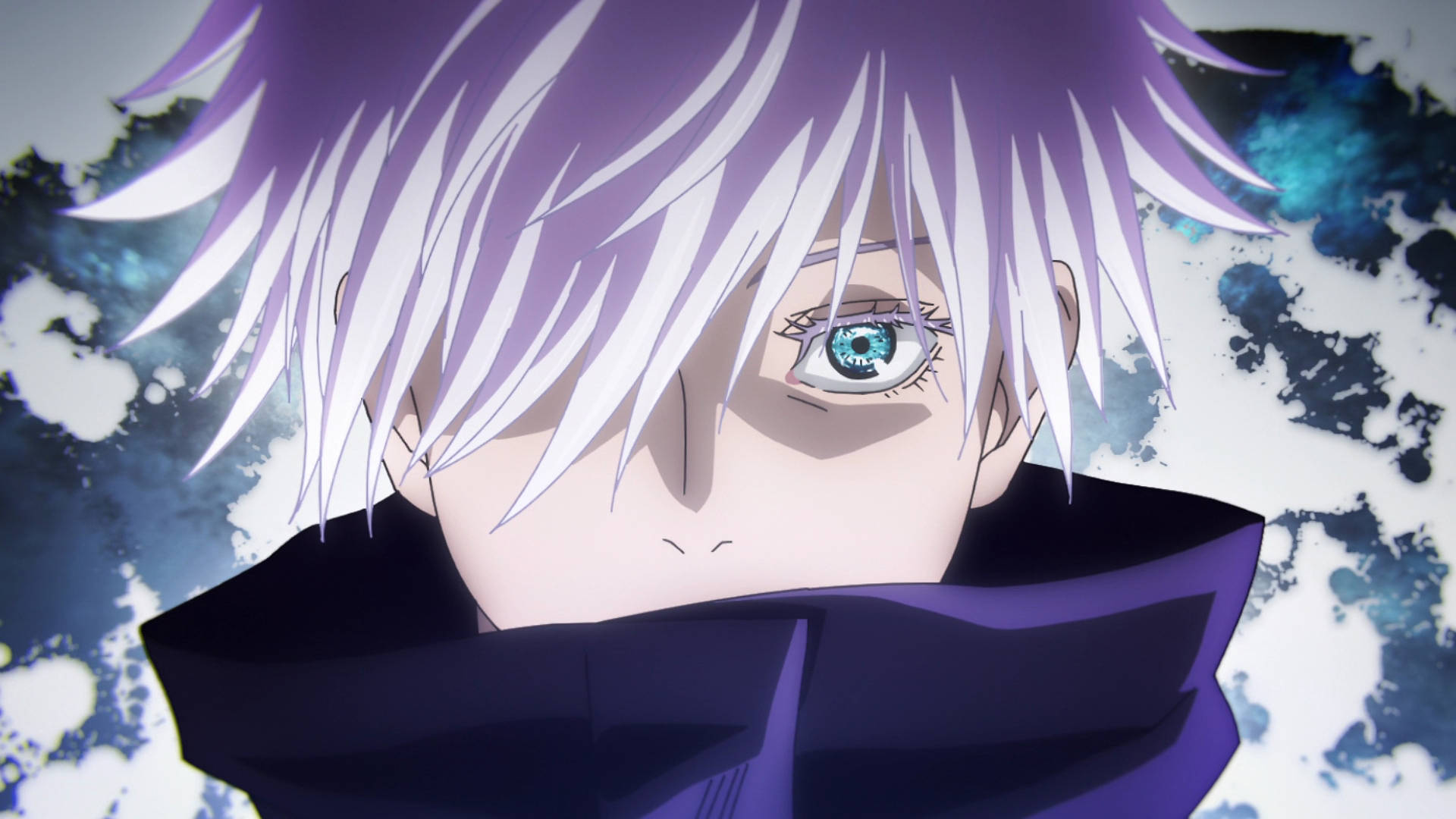 Gojo Satoru, spiky purple and white hair, piercing blue eye, Full HD Desktop Wallpaper
