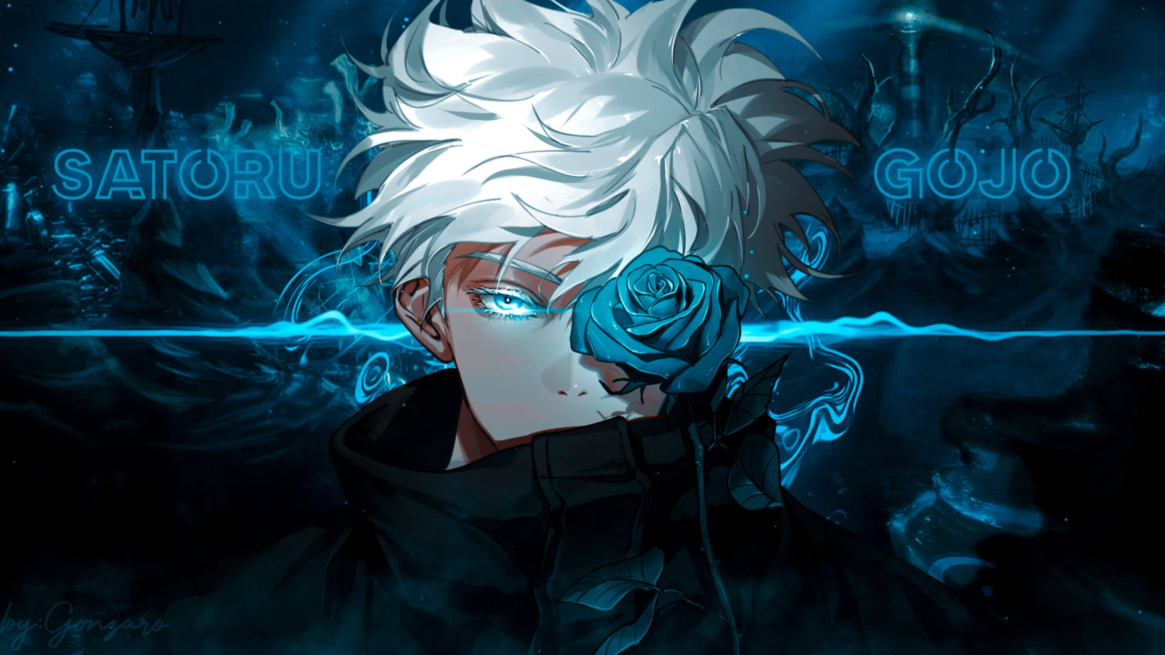 Gojo Satoru, blue rose, glowing blue eyes, 4K Desktop Wallpaper