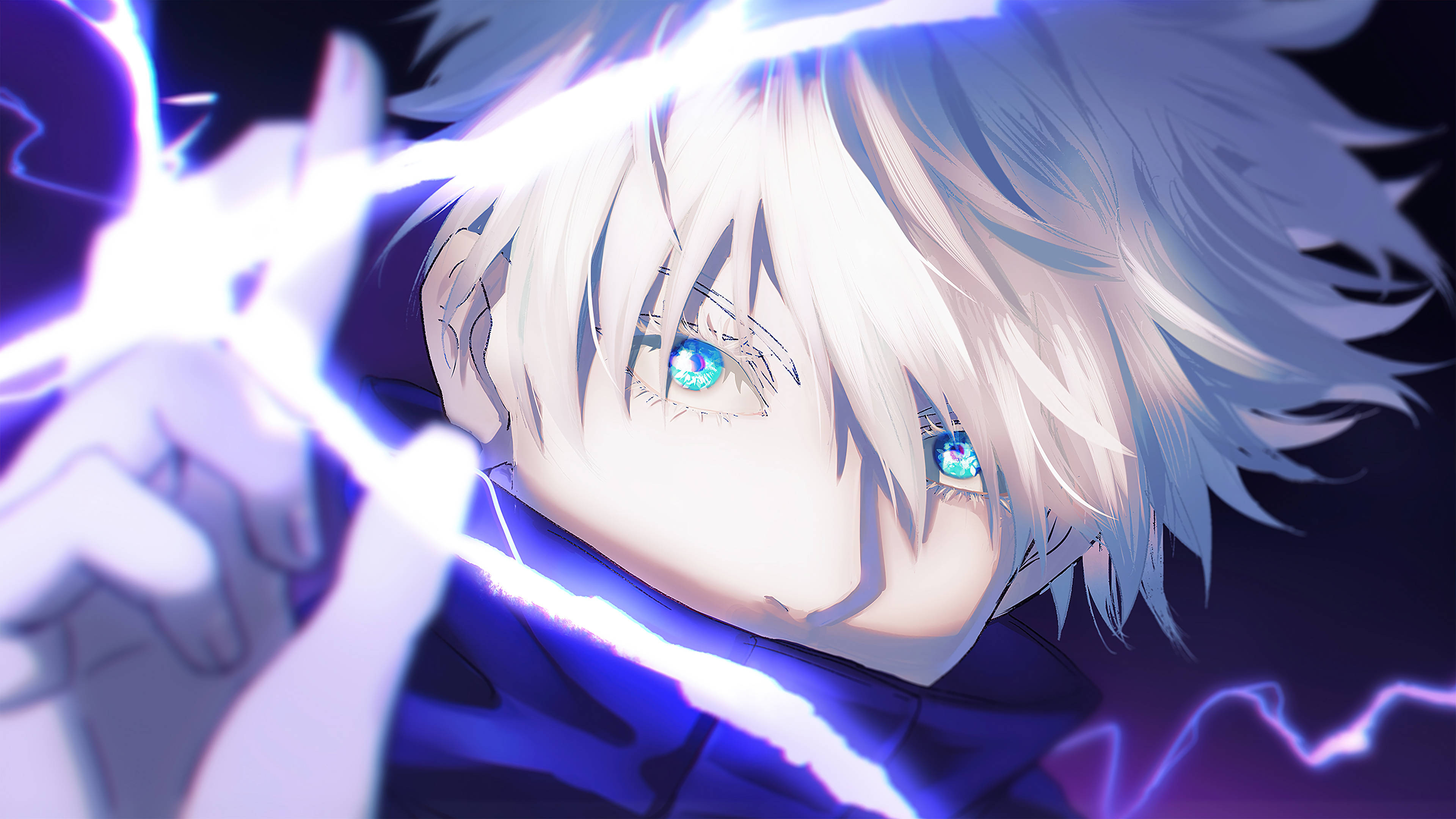 Gojo Satoru, white hair, glowing blue eyes, 4K Desktop Wallpaper