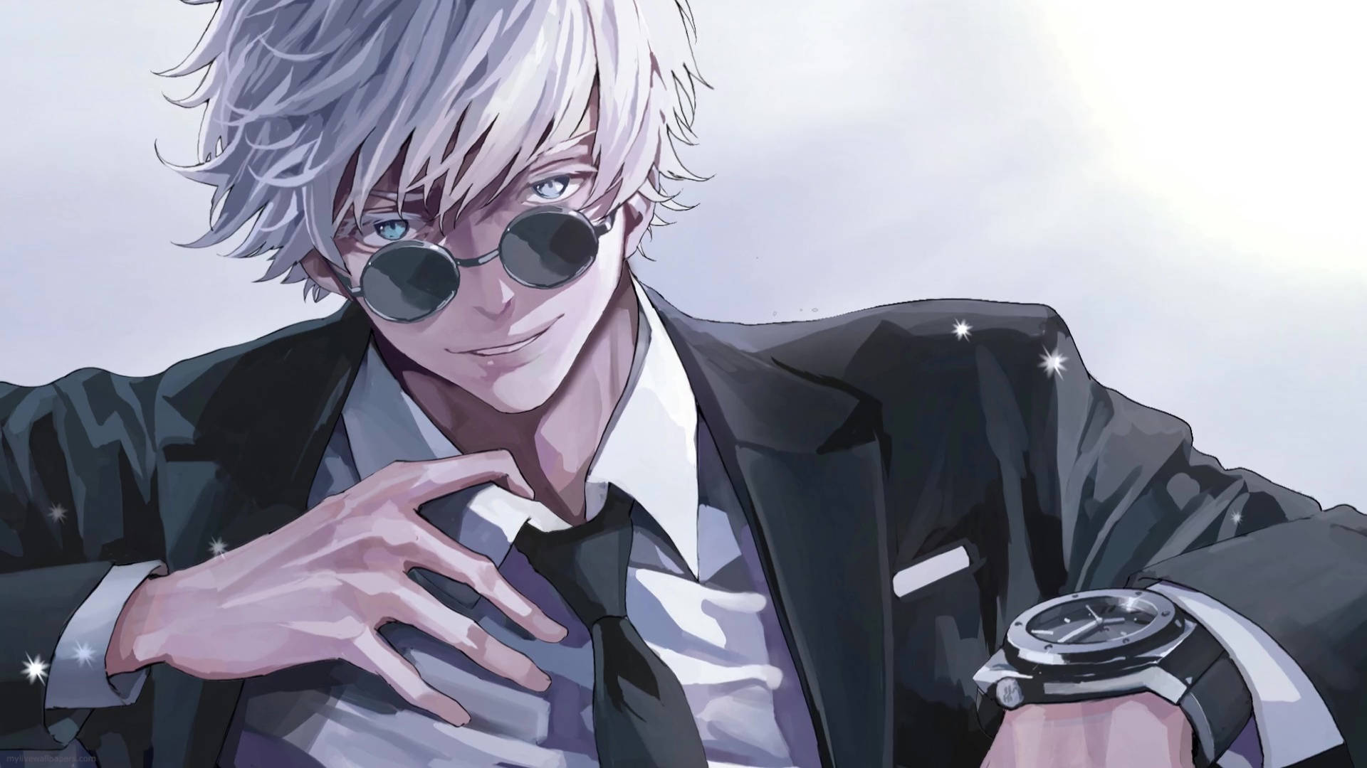 Gojo Satoru, white hair, round sunglasses, Full HD Desktop Wallpaper