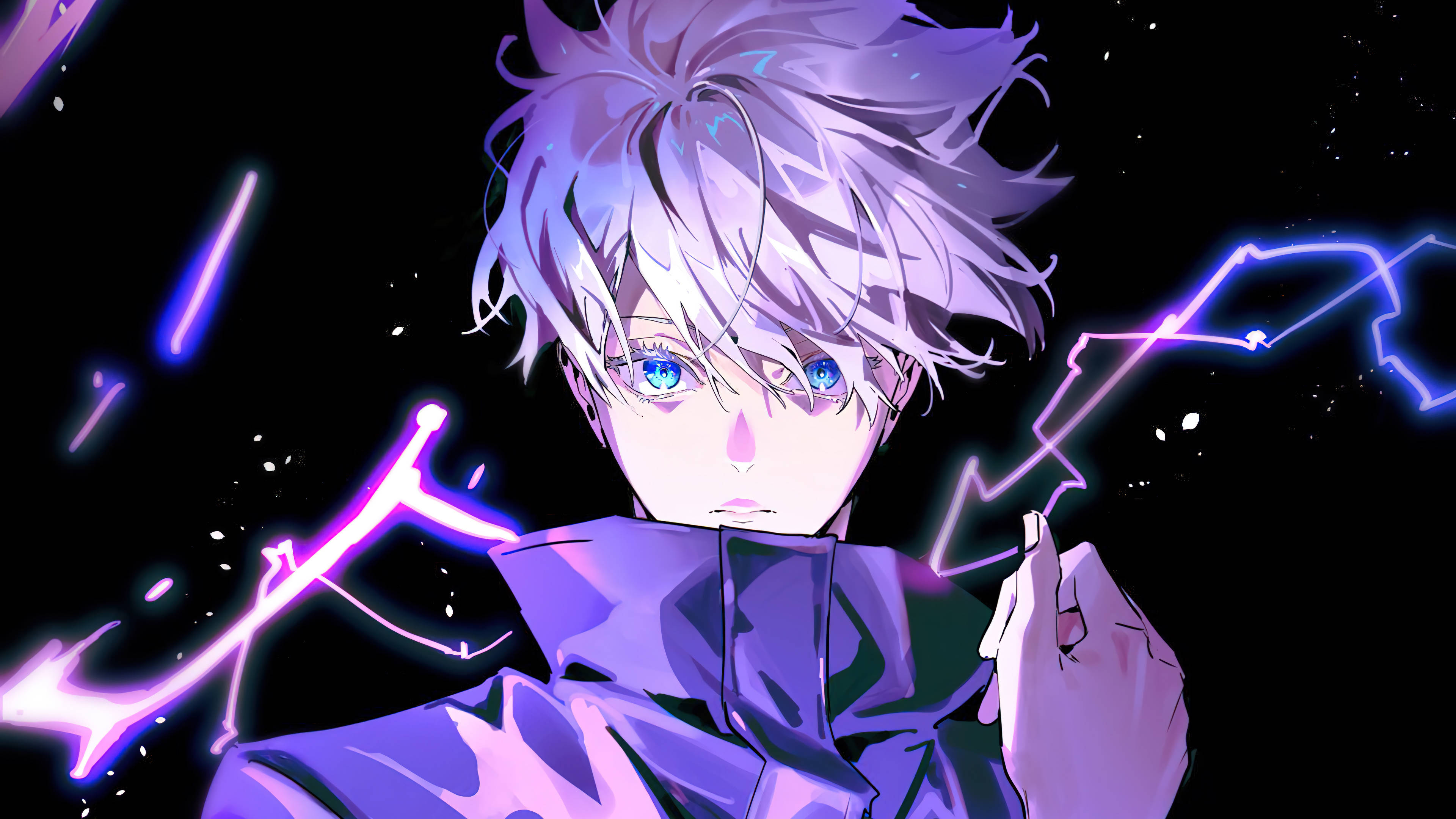 Gojo Satoru, purple lightning, spiky silver hair, 4K Desktop Wallpaper