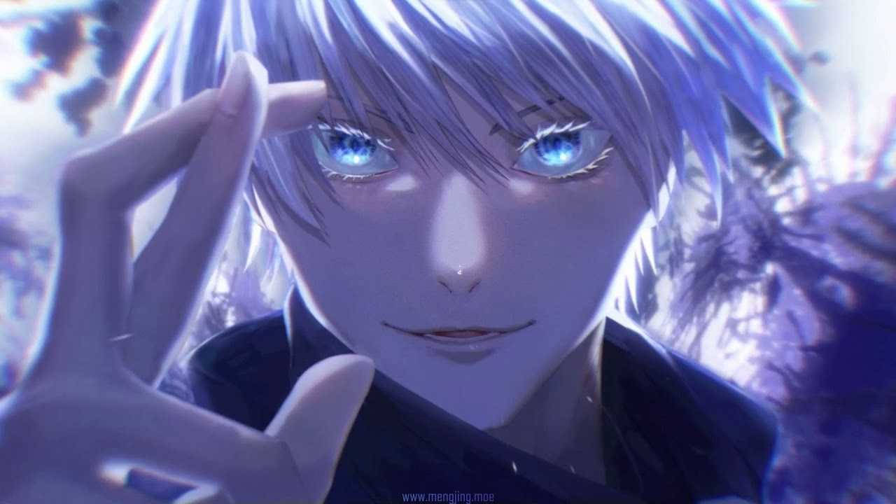 Gojo Satoru, glowing blue eyes, peace sign, HD Desktop Wallpaper