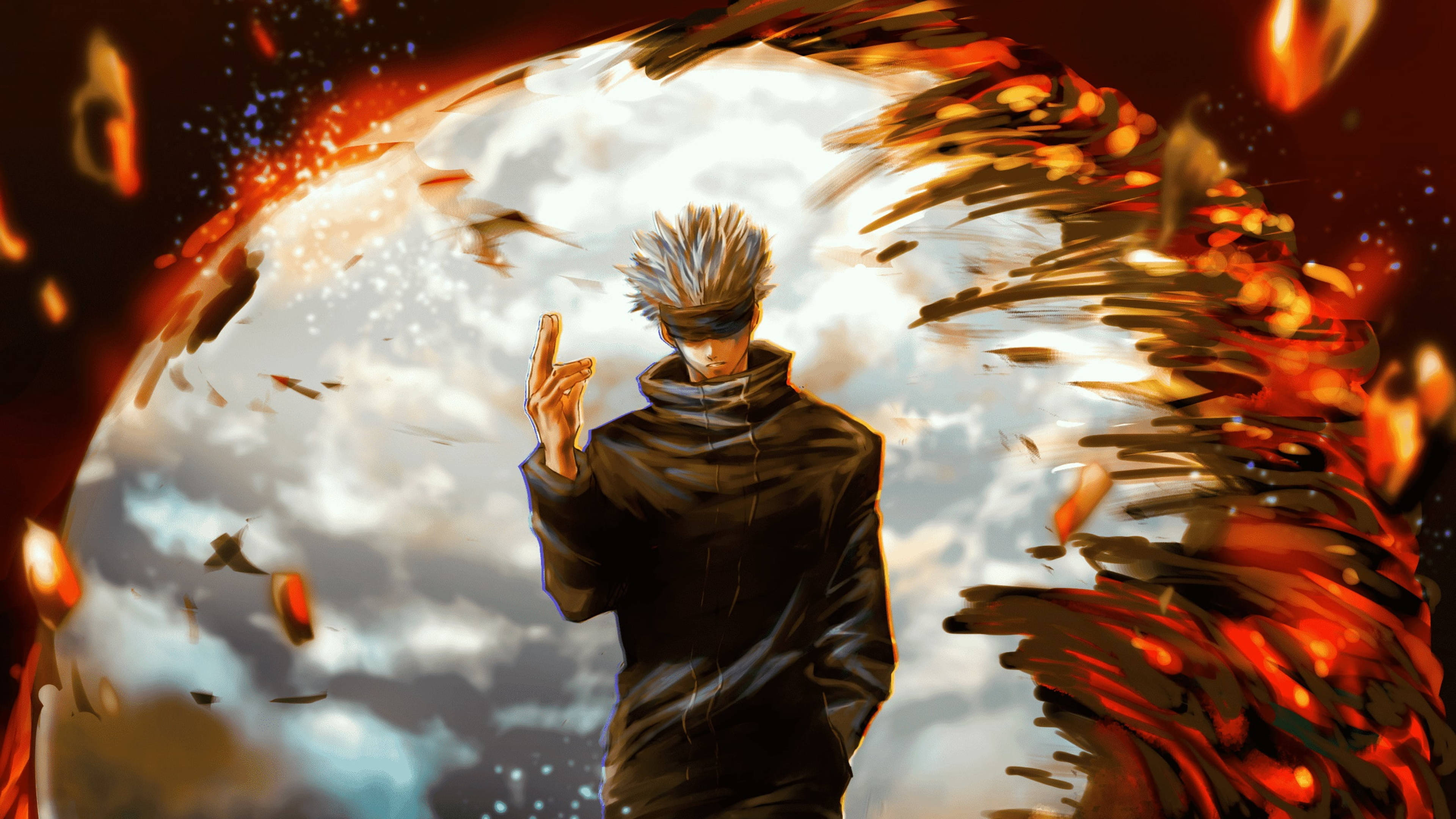 Gojo Satoru, spiky-haired anime warrior, black cloak, 4K Desktop Wallpaper