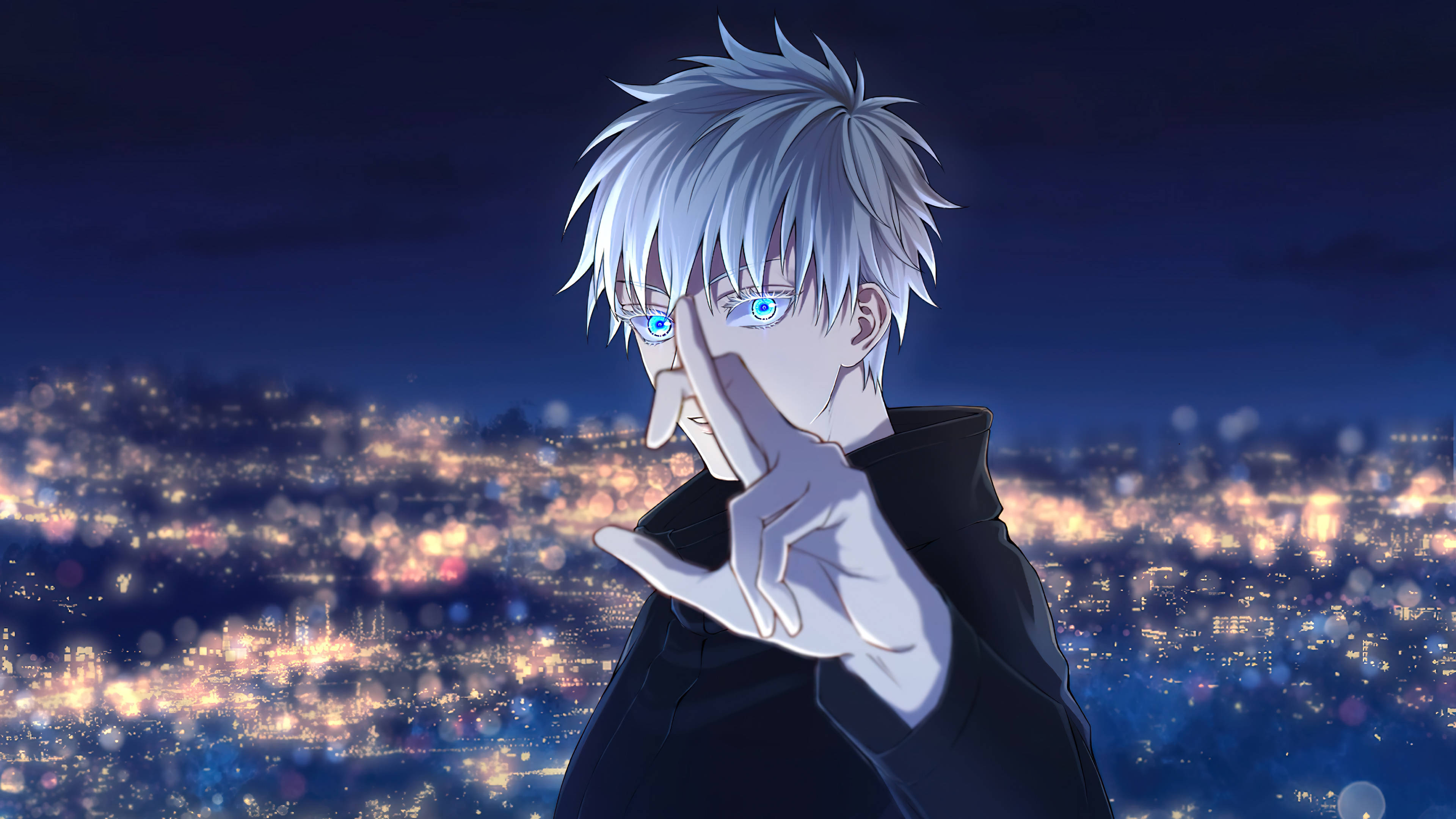 Gojo Satoru, silver-haired, glowing blue eyes, 4K Desktop Wallpaper