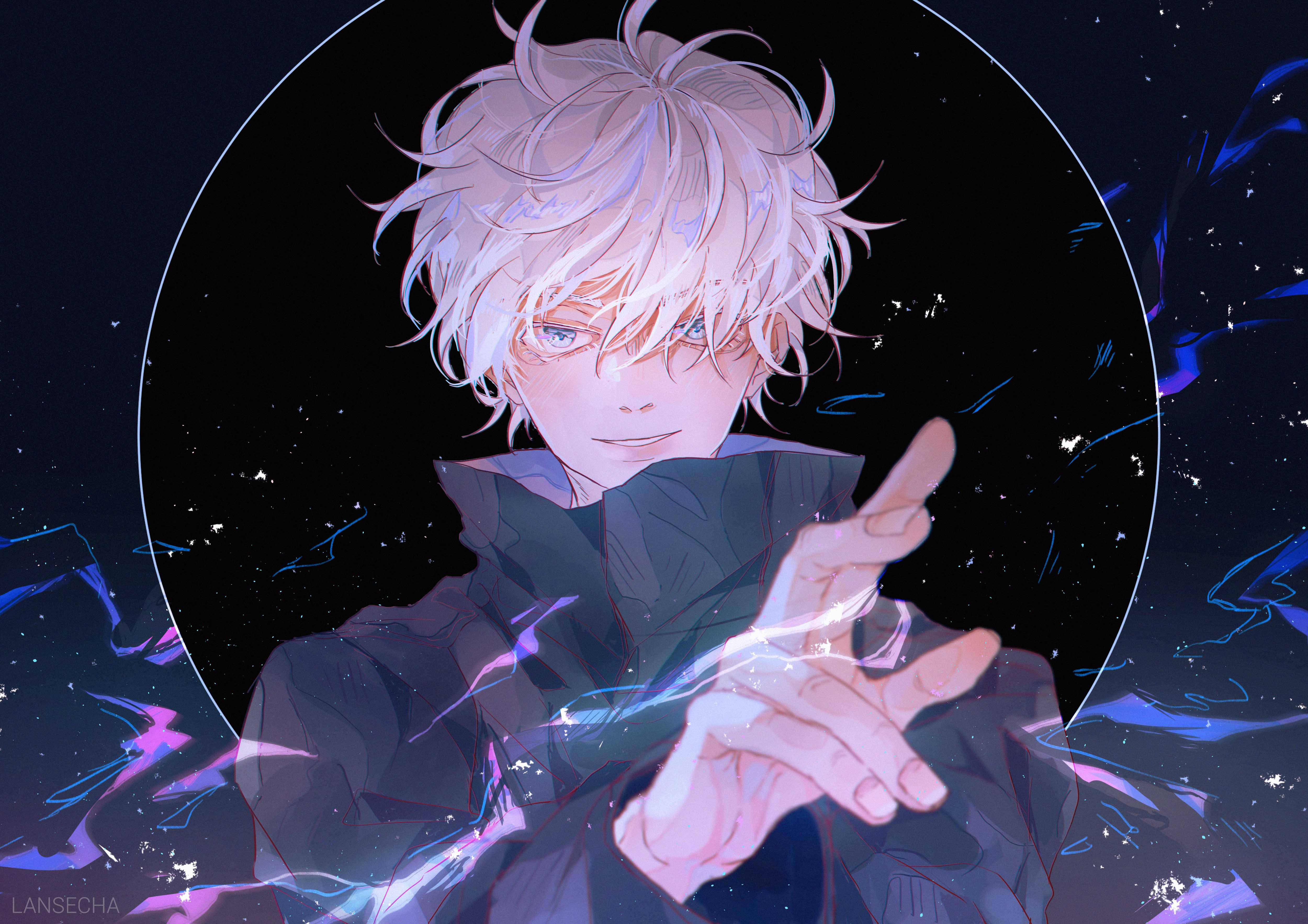 Gojo Satoru, silver-haired, glowing blue eyes, 4K Desktop Wallpaper