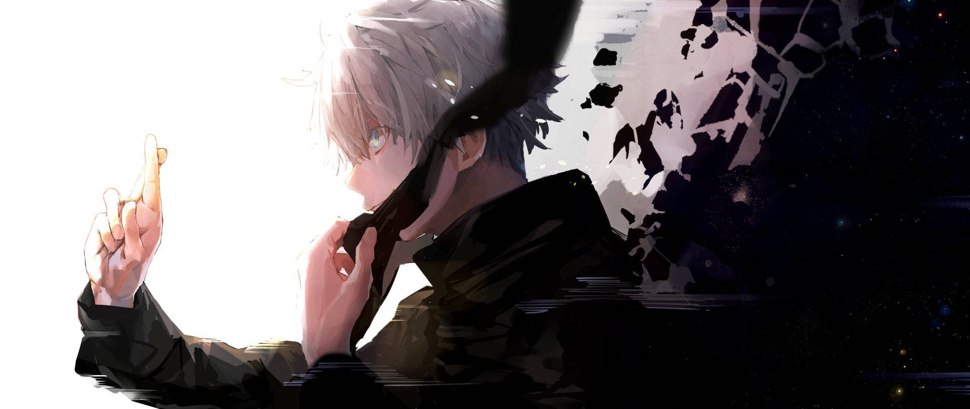 Gojo Satoru, silver-haired, dark coat, Full HD Desktop Wallpaper