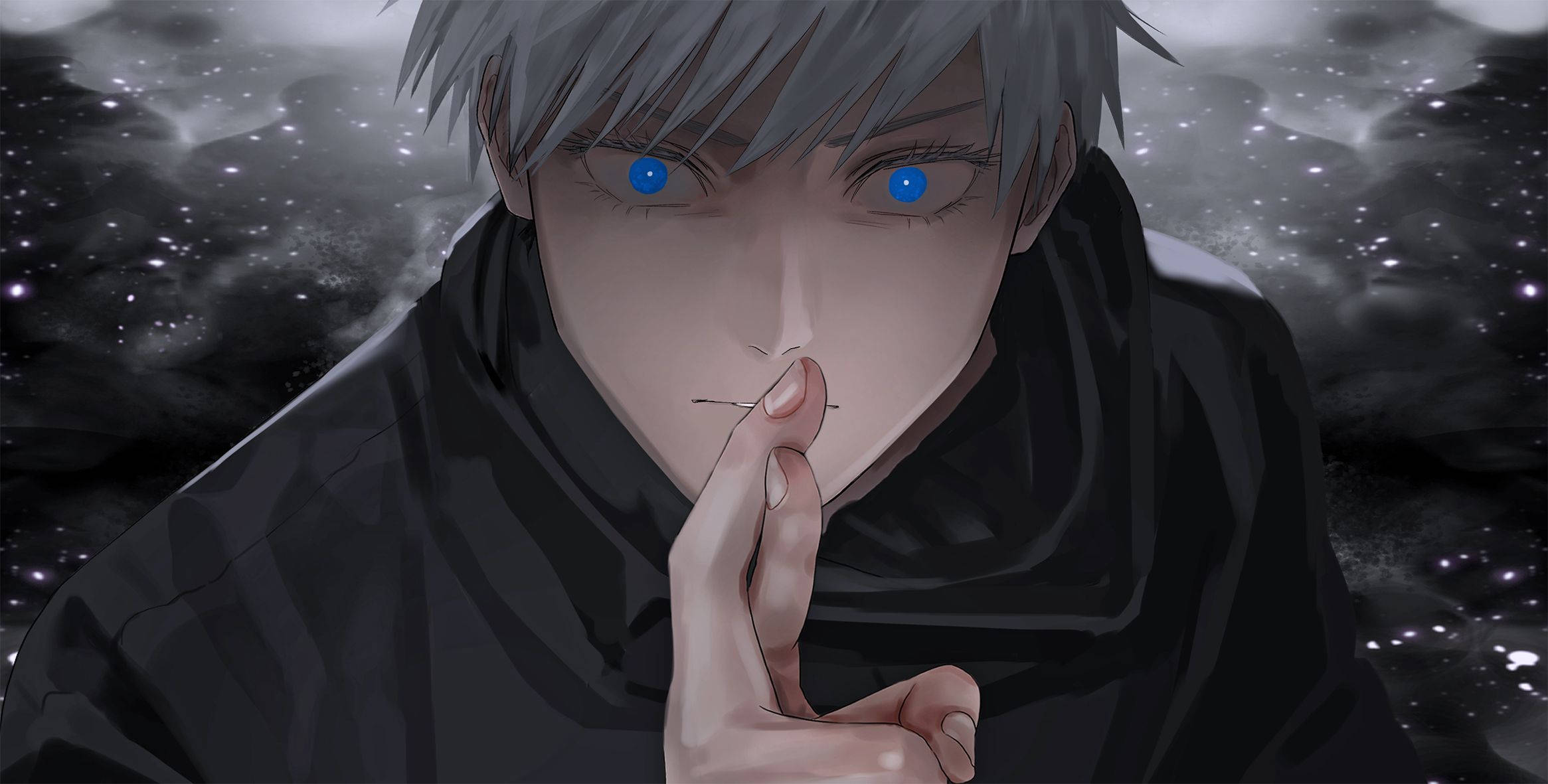 Gojo Satoru, silver hair, glowing blue eyes, Full HD Desktop Wallpaper