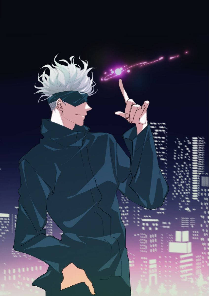 Gojo Satoru, purple magic, neon-lit city skyline, SD Phone Wallpaper