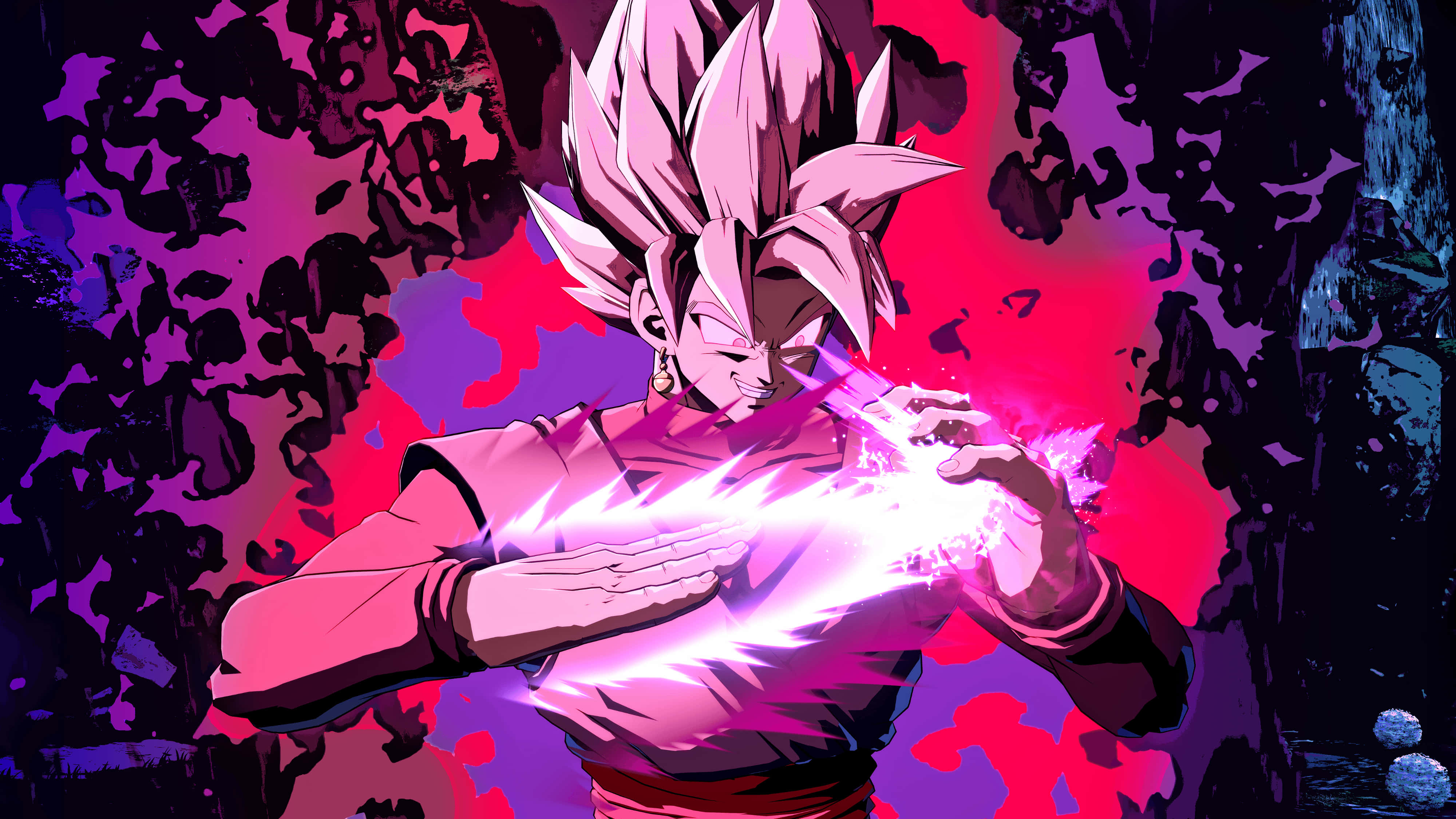 Goku Black, pink-haired anime warrior, glowing energy, 4K Desktop Wallpaper