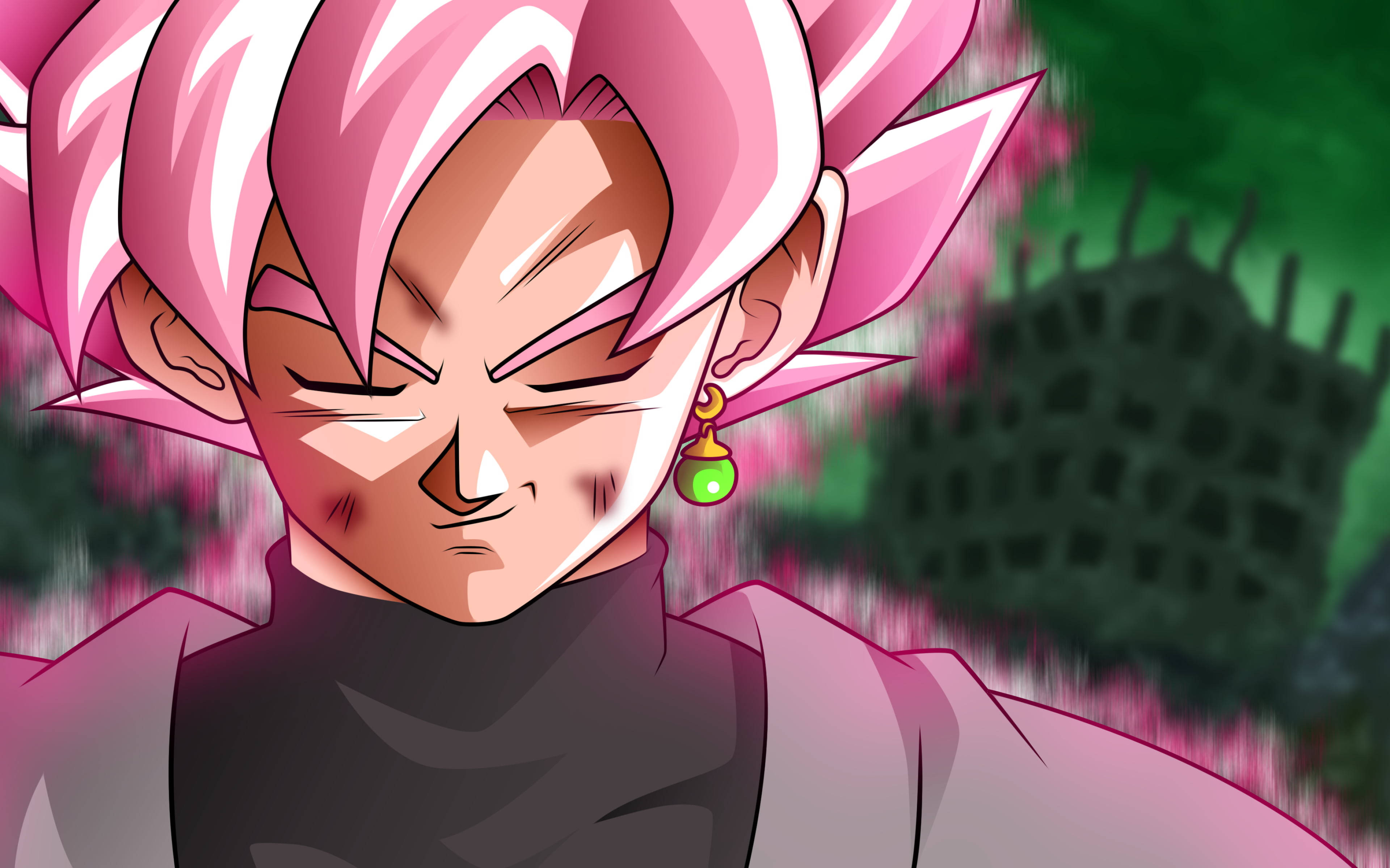 Black Goku, pink hair, green earring, 4K Desktop Wallpaper