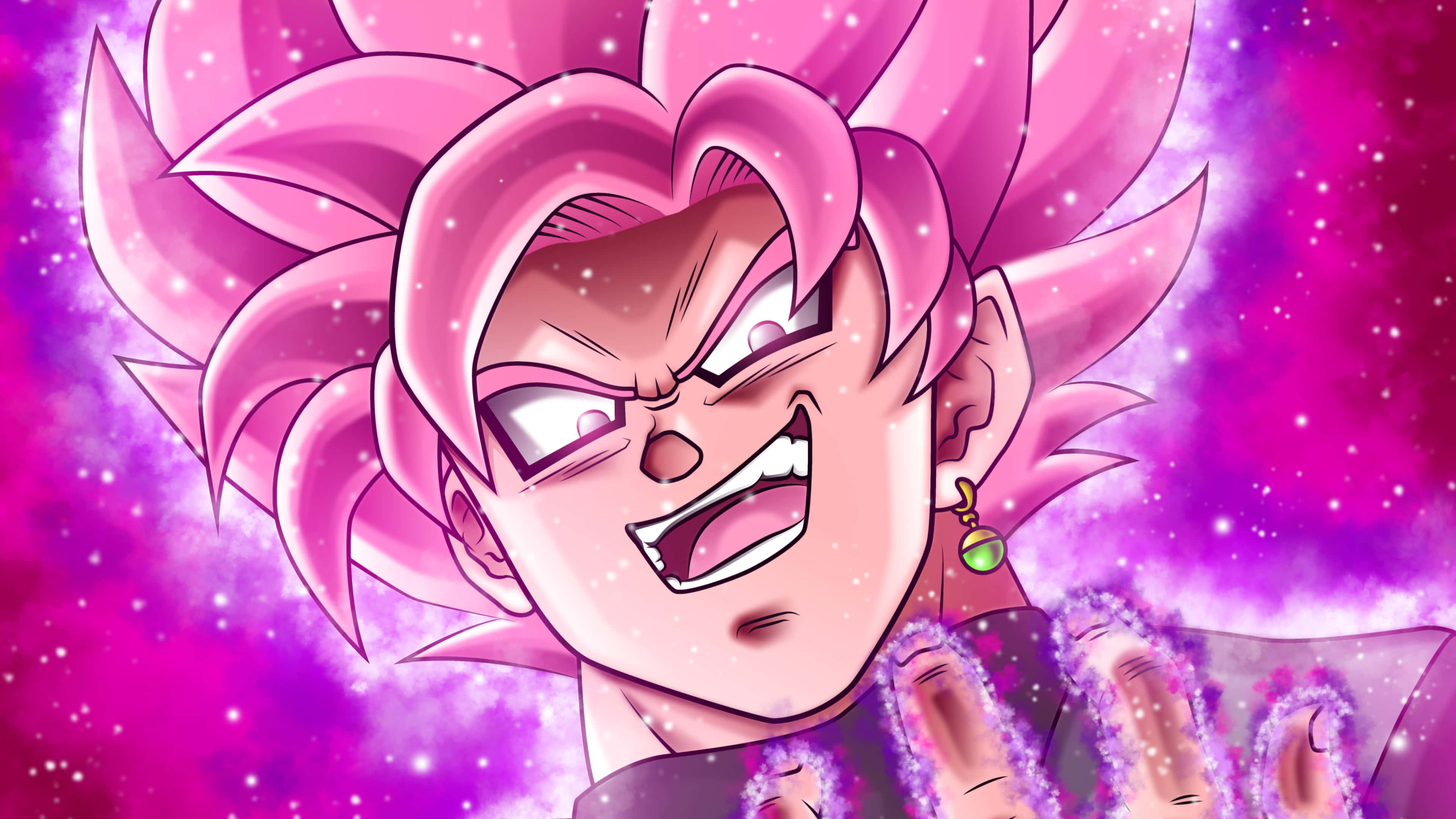 Goku Black, spiky pink hair, glowing purple energy fists, 4K Desktop Wallpaper