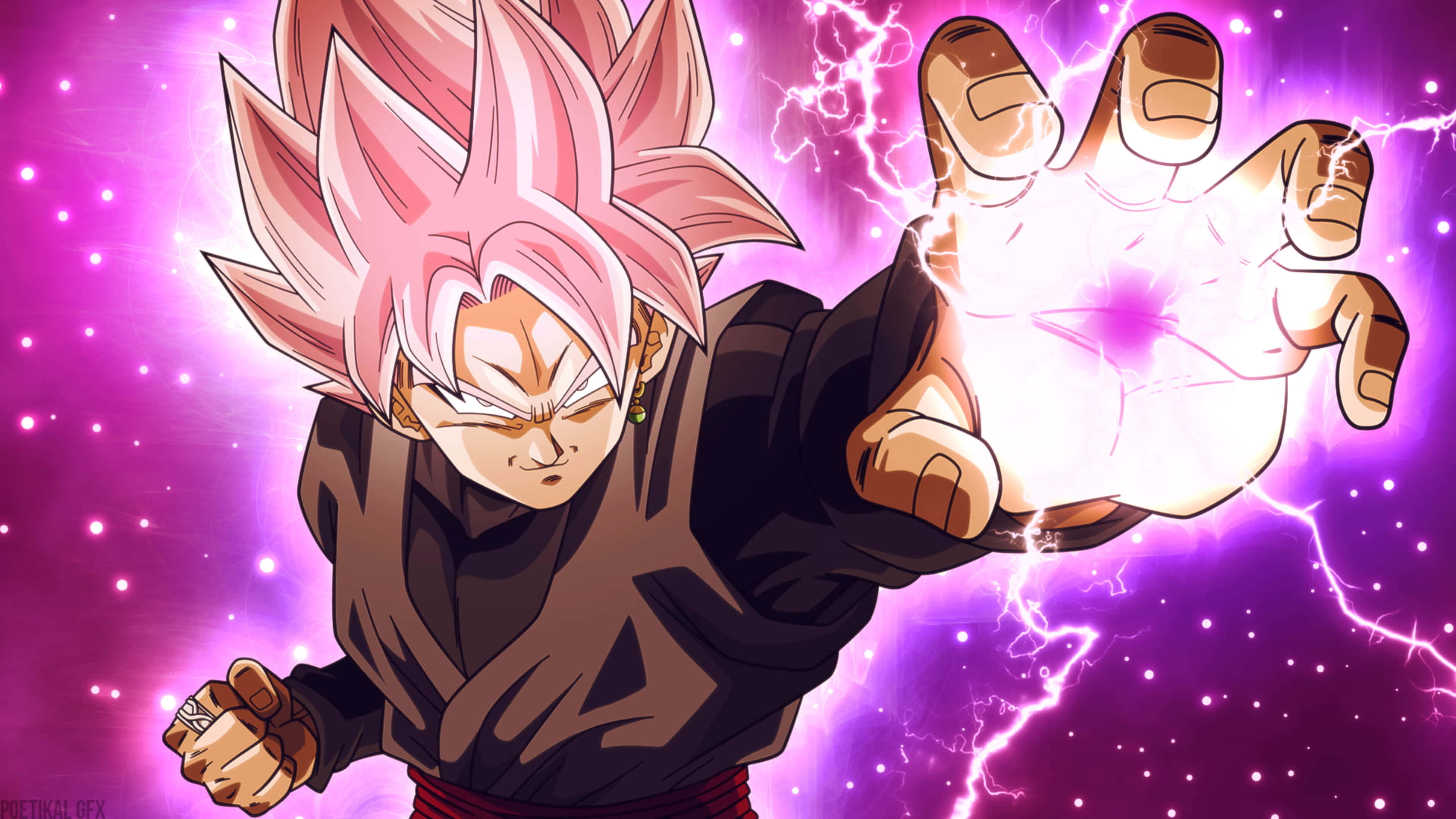 Goku Black, pink spiky hair, glowing energy, 4K Desktop Wallpaper