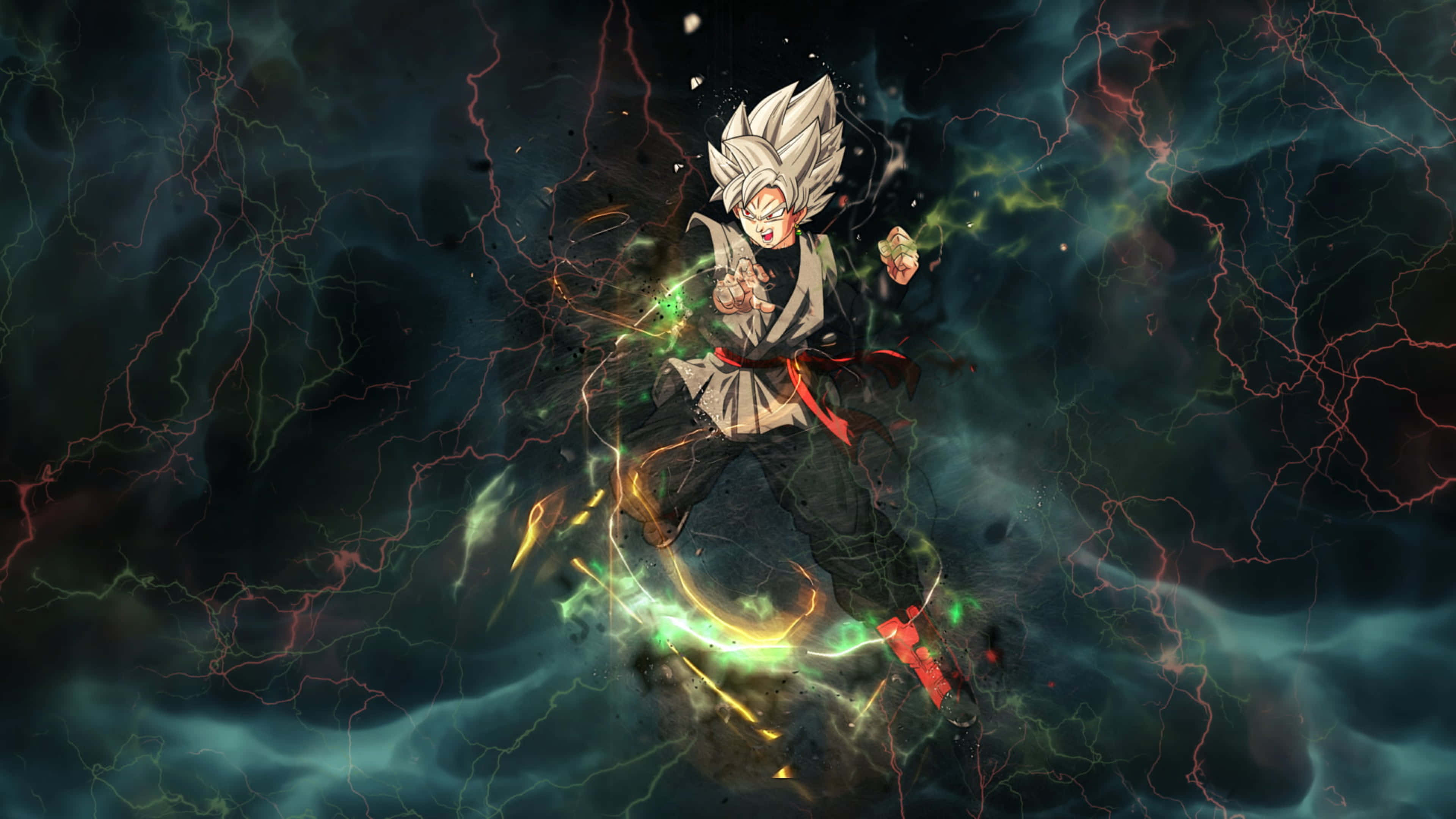 Goku Black, white hair, glowing green energy, 4K Desktop Wallpaper
