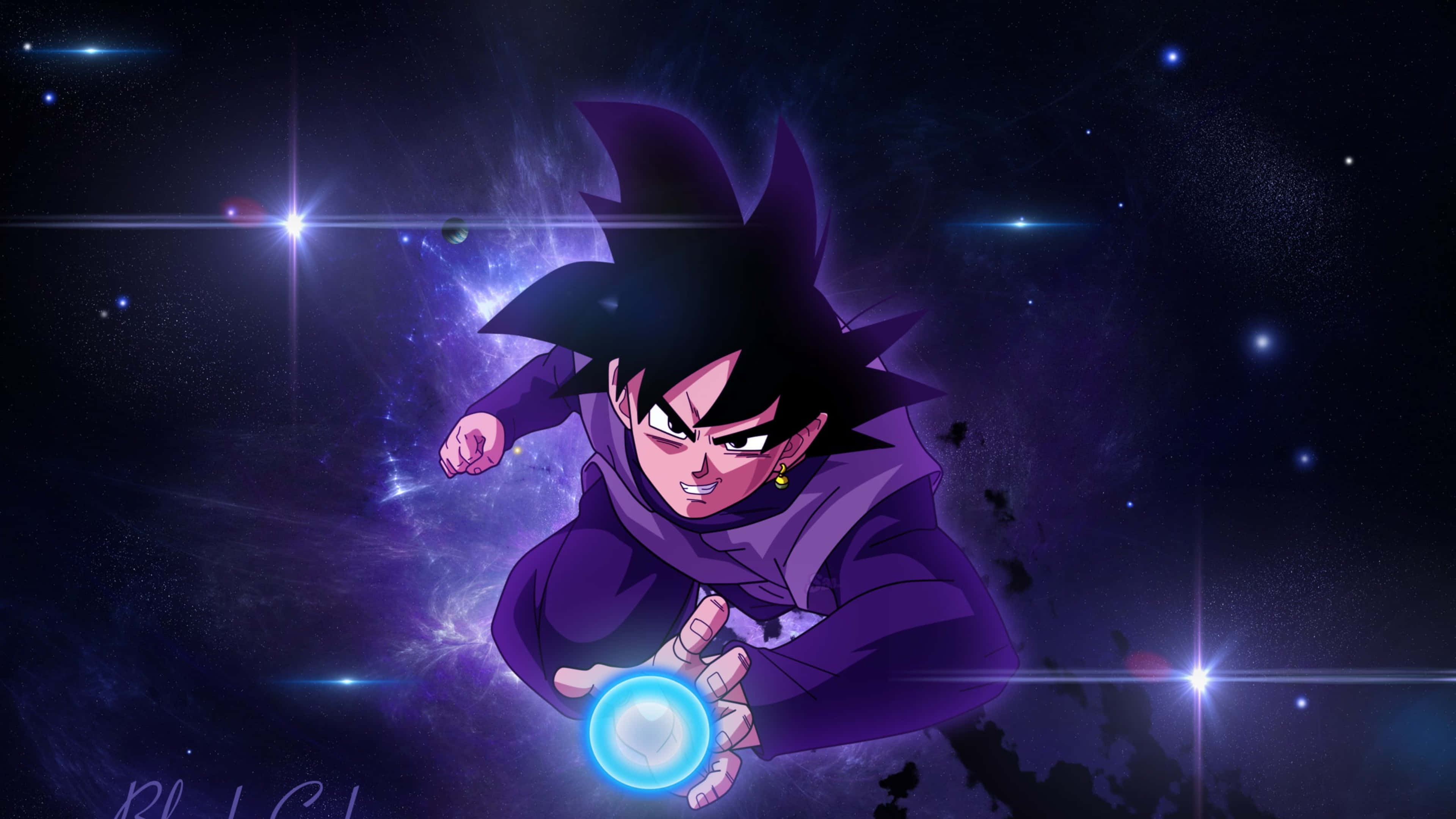 Goku Black, purple cloak, glowing blue energy, 4K Desktop Wallpaper