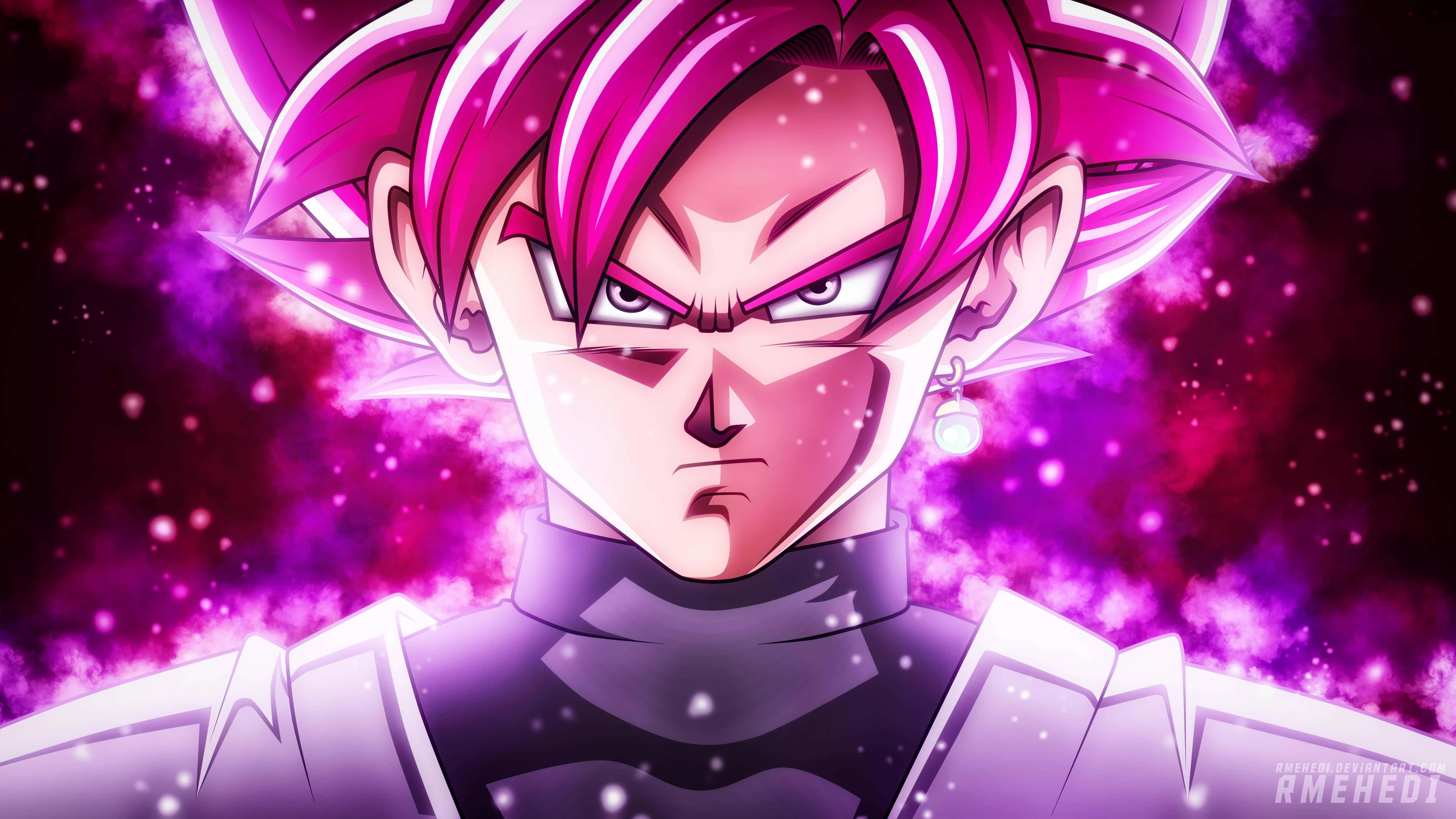 Goku Black, spiky pink hair, glowing aura, 5K Desktop Wallpaper