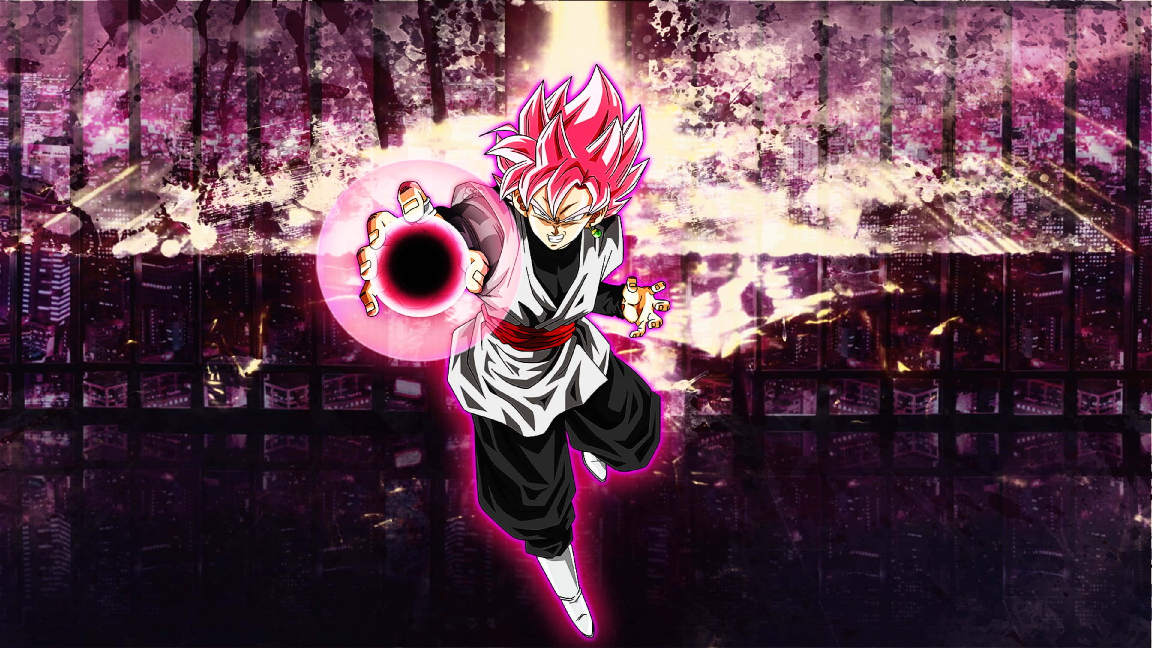 Goku Black, pink hair, glowing black energy sphere, 4K Desktop Wallpaper