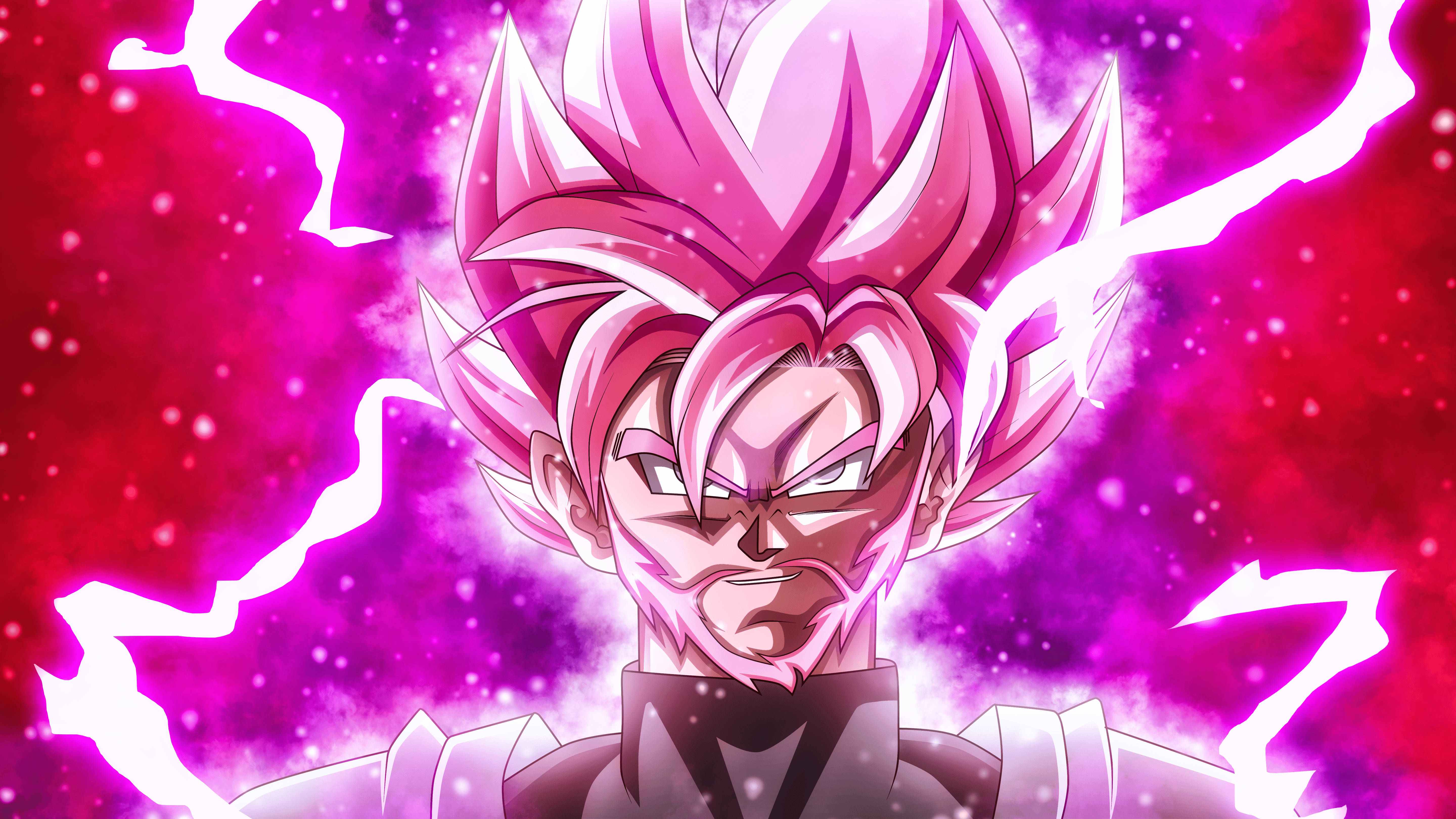 Goku Black, spiky pink hair, glowing aura, 5K Desktop Wallpaper