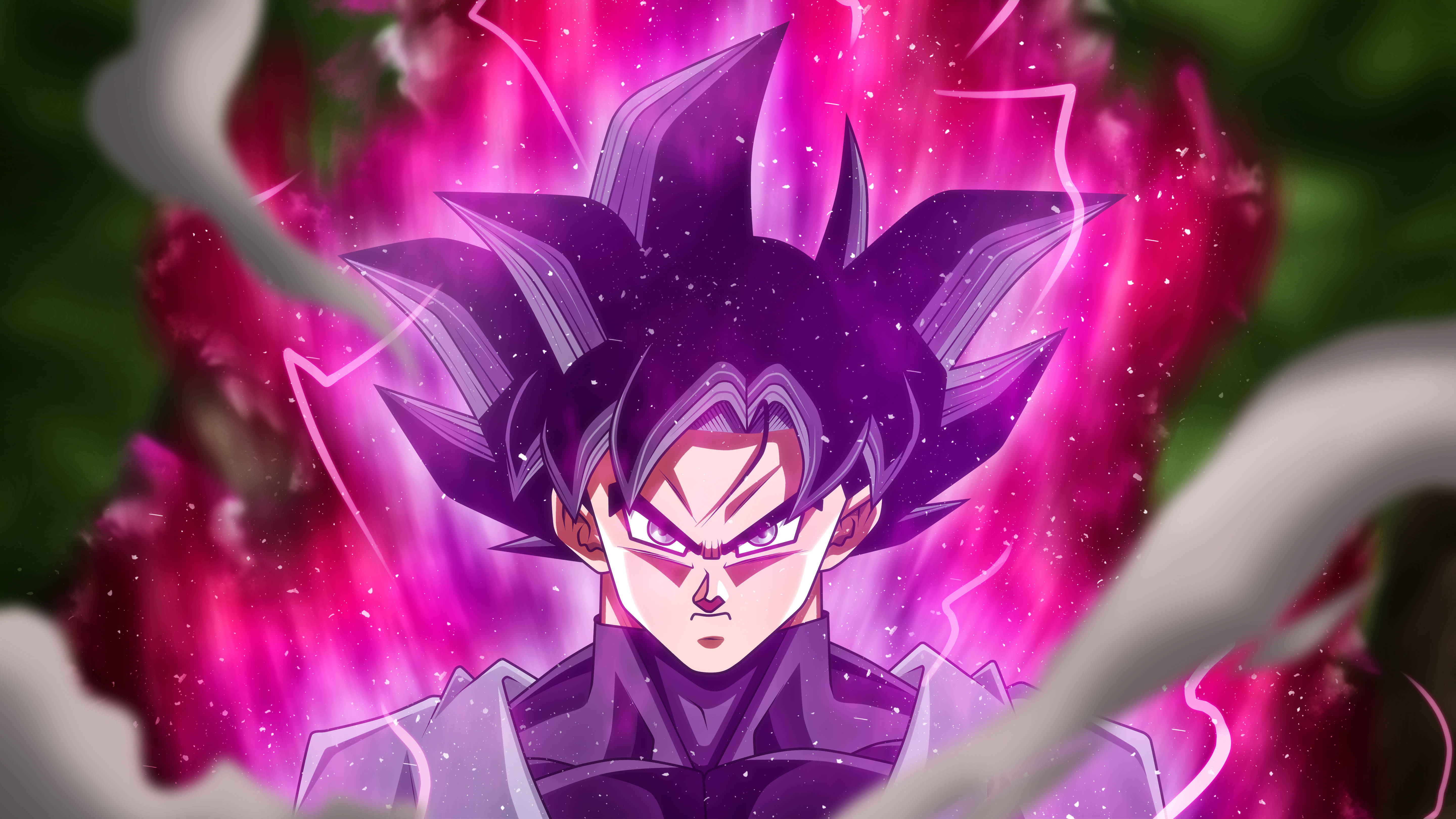 Goku Black, spiky purple hair, intense pink energy, 5K Desktop Wallpaper