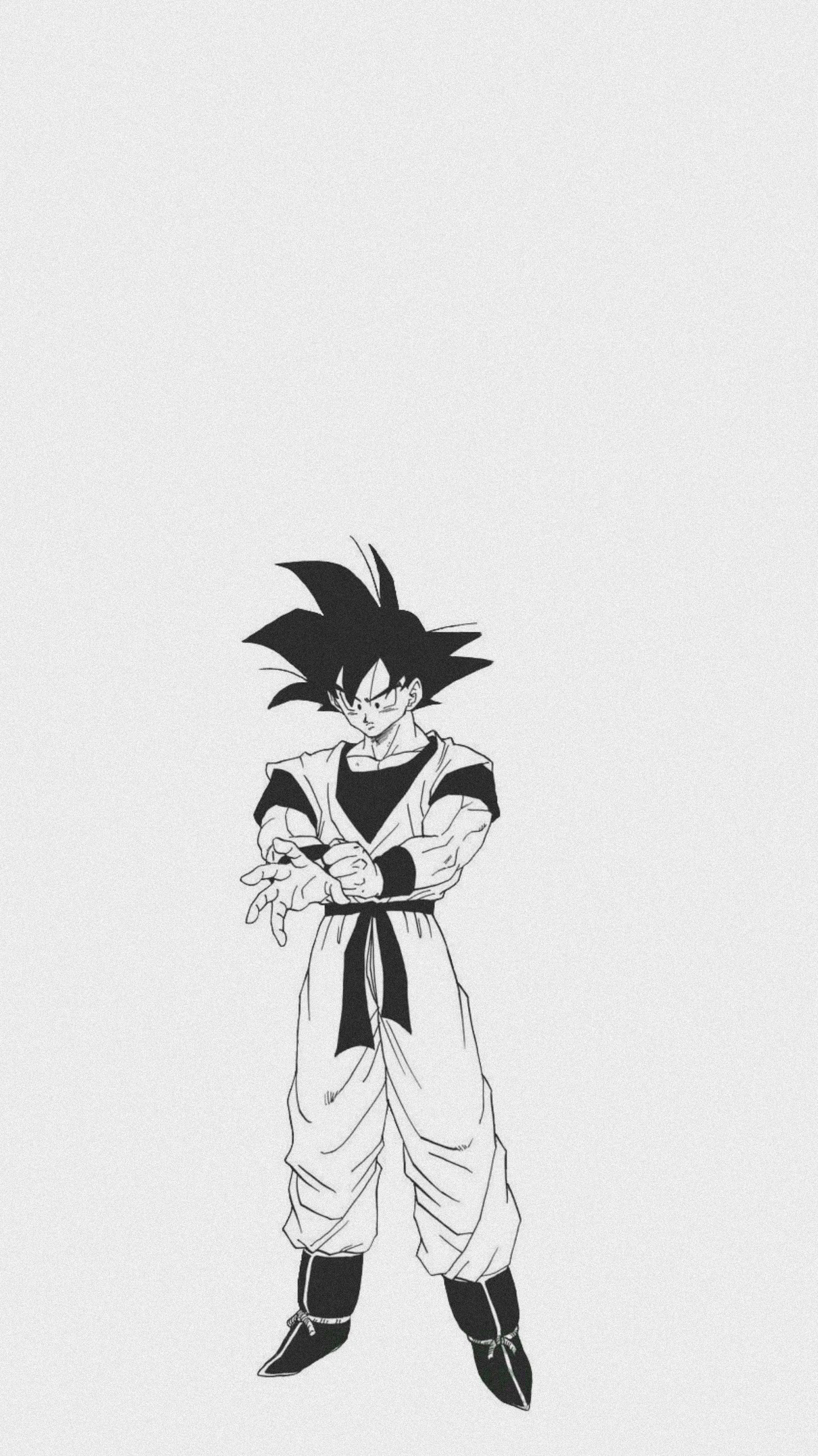Goku, black and white line art, iconic fighting stance, 2K Phone Wallpaper