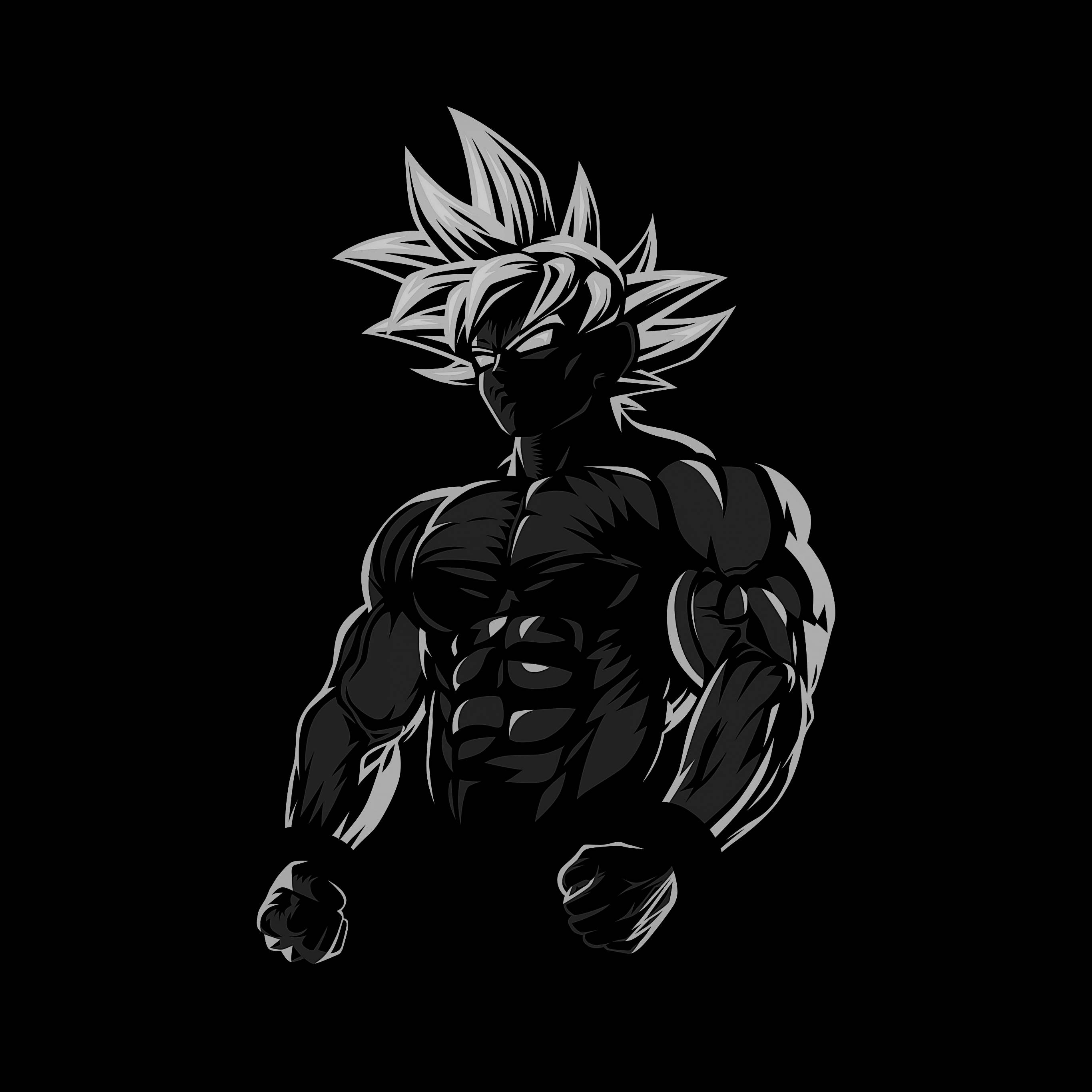 Goku, black and white, spiky white hair, 2K Desktop Wallpaper