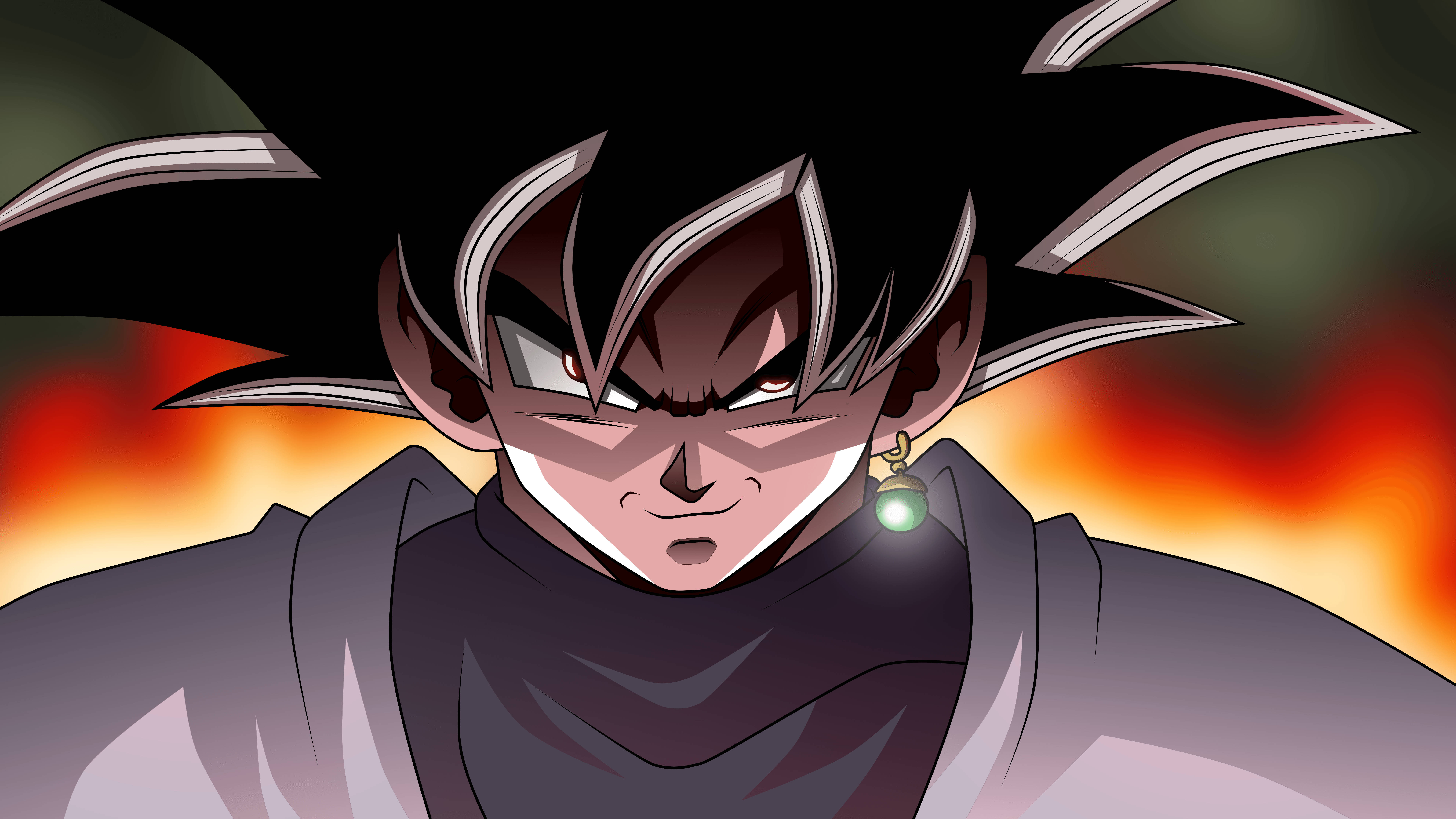 Black Goku, pitch black hair, glowing green earring, 8K Desktop Wallpaper