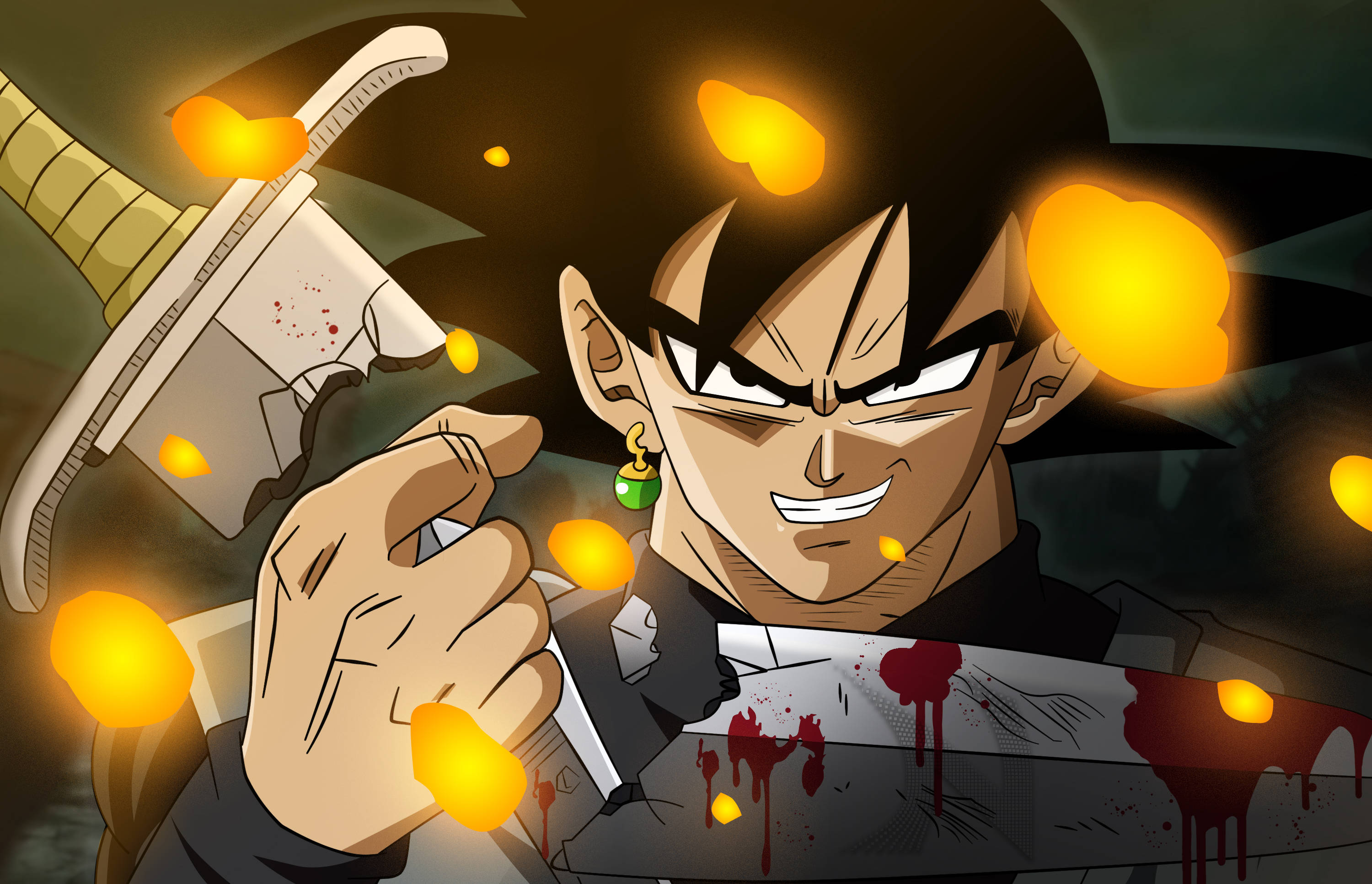 Goku Black, black hair, green earring, 2K Desktop Wallpaper