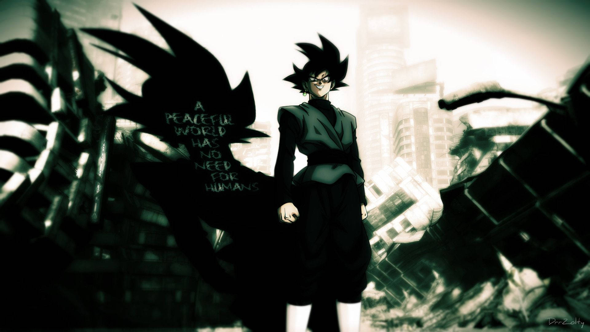Goku Black, anime, ruined cityscape, Full HD Desktop Wallpaper