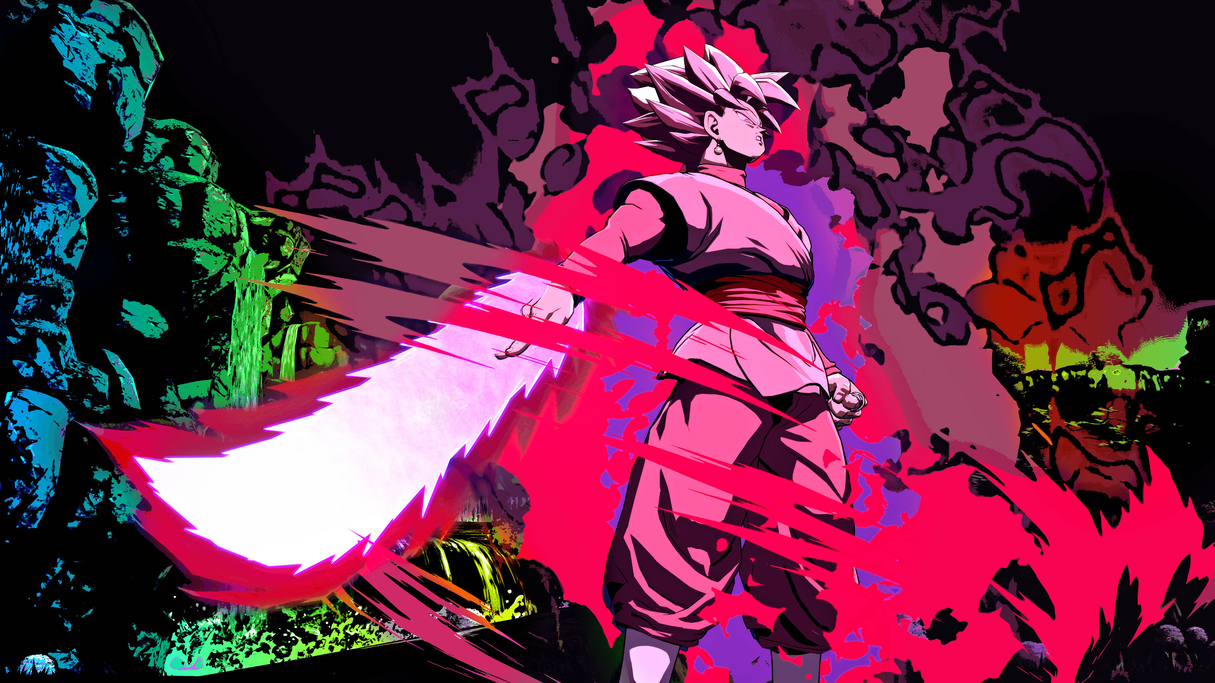 Goku Black, pink-haired anime warrior, glowing sword, 4K Desktop Wallpaper