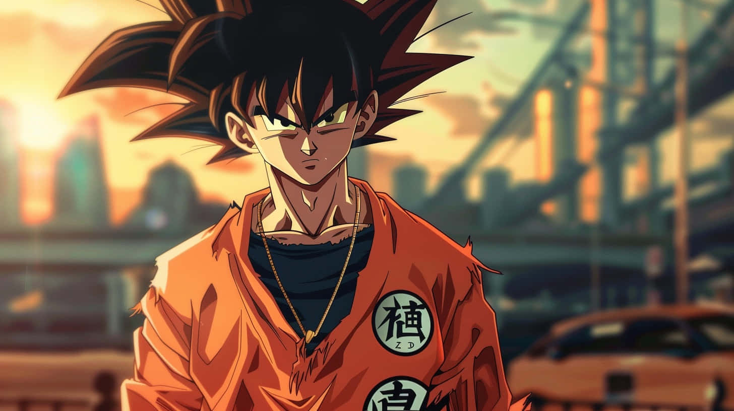 Goku, orange gi, sunset cityscape, HD Desktop Wallpaper