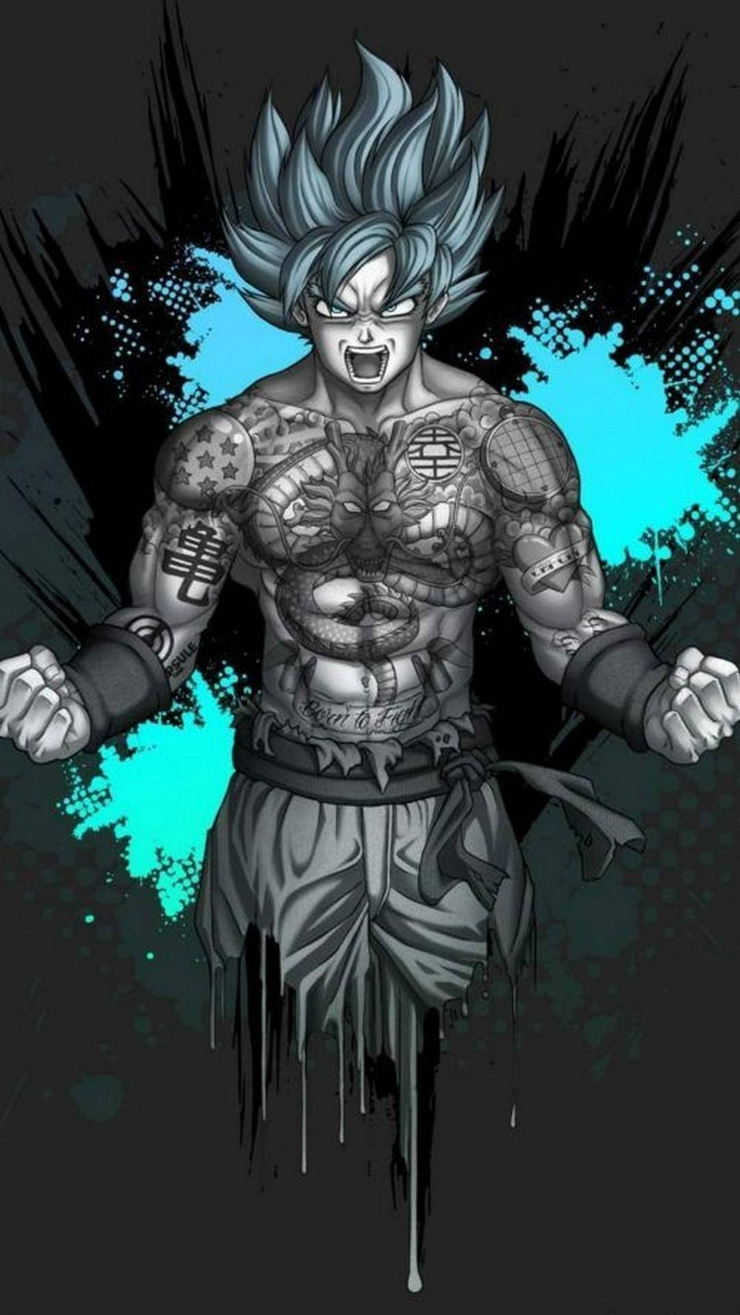 Black Goku, tattooed body, spiky blue hair, Full HD Phone Wallpaper