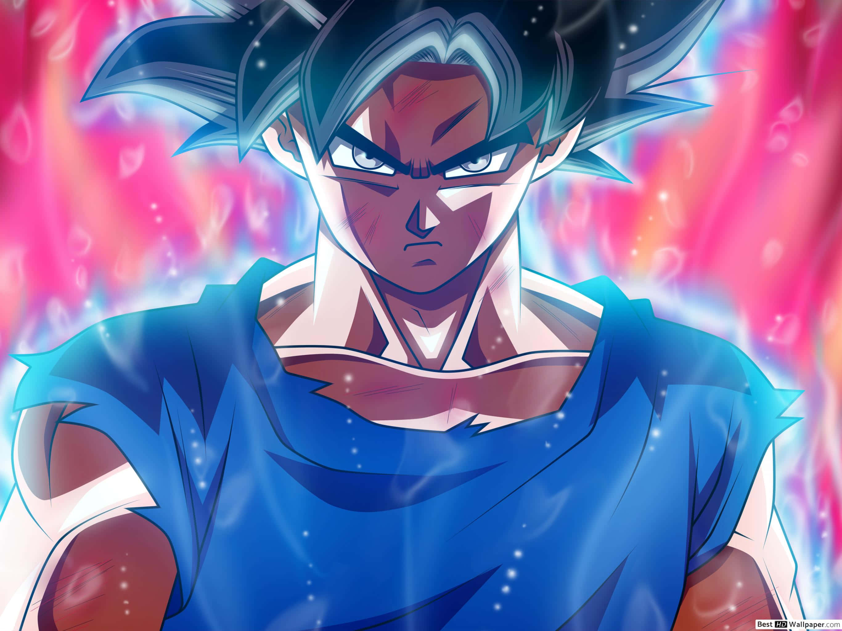 Goku Kaioken, spiky blue hair, intense eyes, 2K Desktop Wallpaper