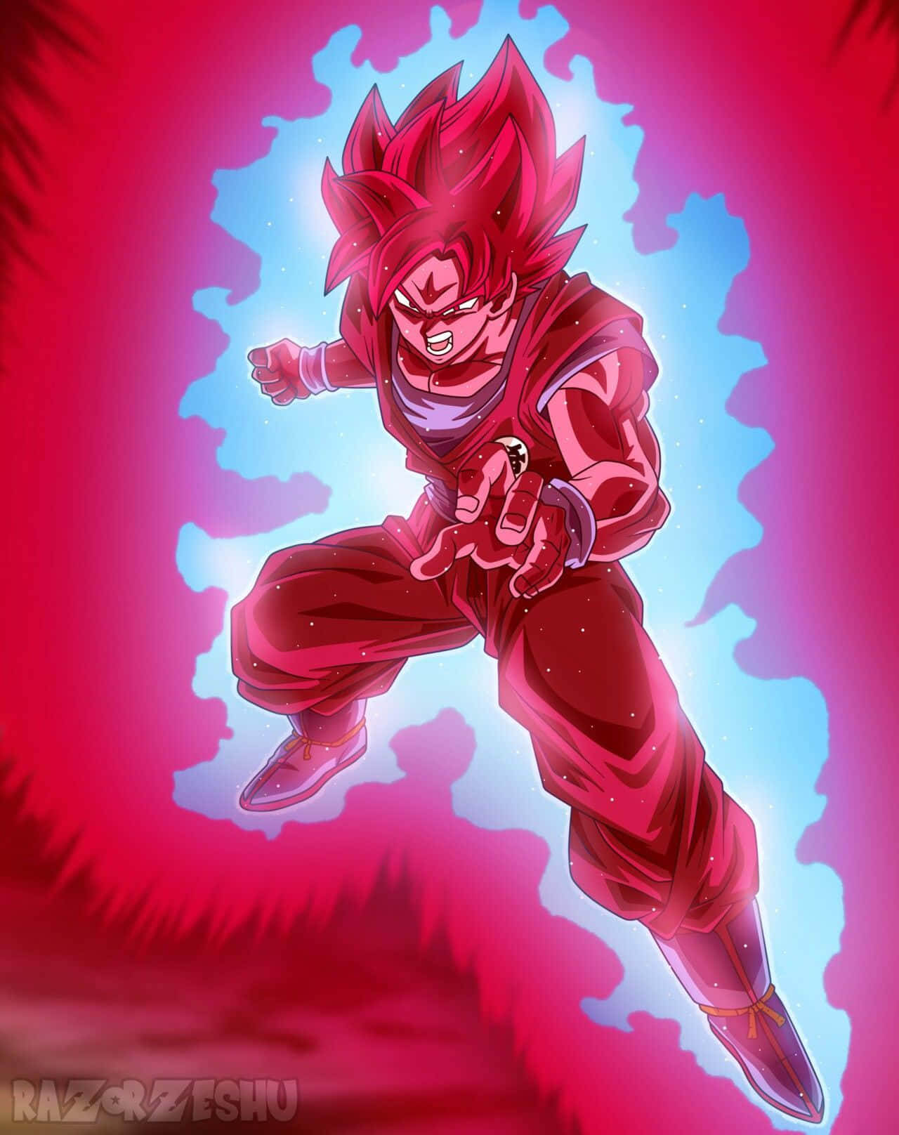 Goku Kaioken, red-haired anime warrior, glowing blue energy, HD Phone Wallpaper