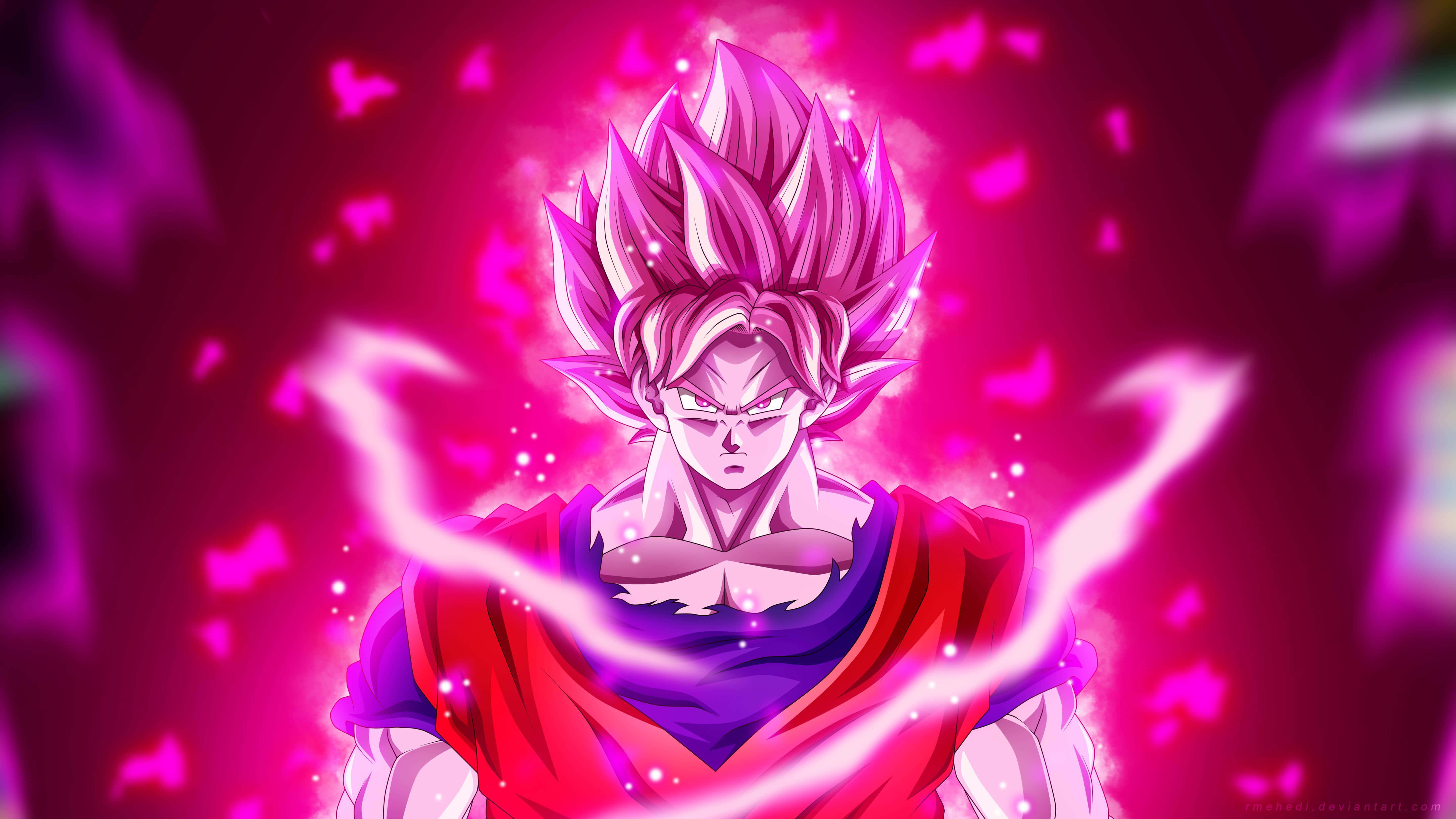 Goku Kaioken, spiky pink hair, glowing aura, 5K Desktop Wallpaper