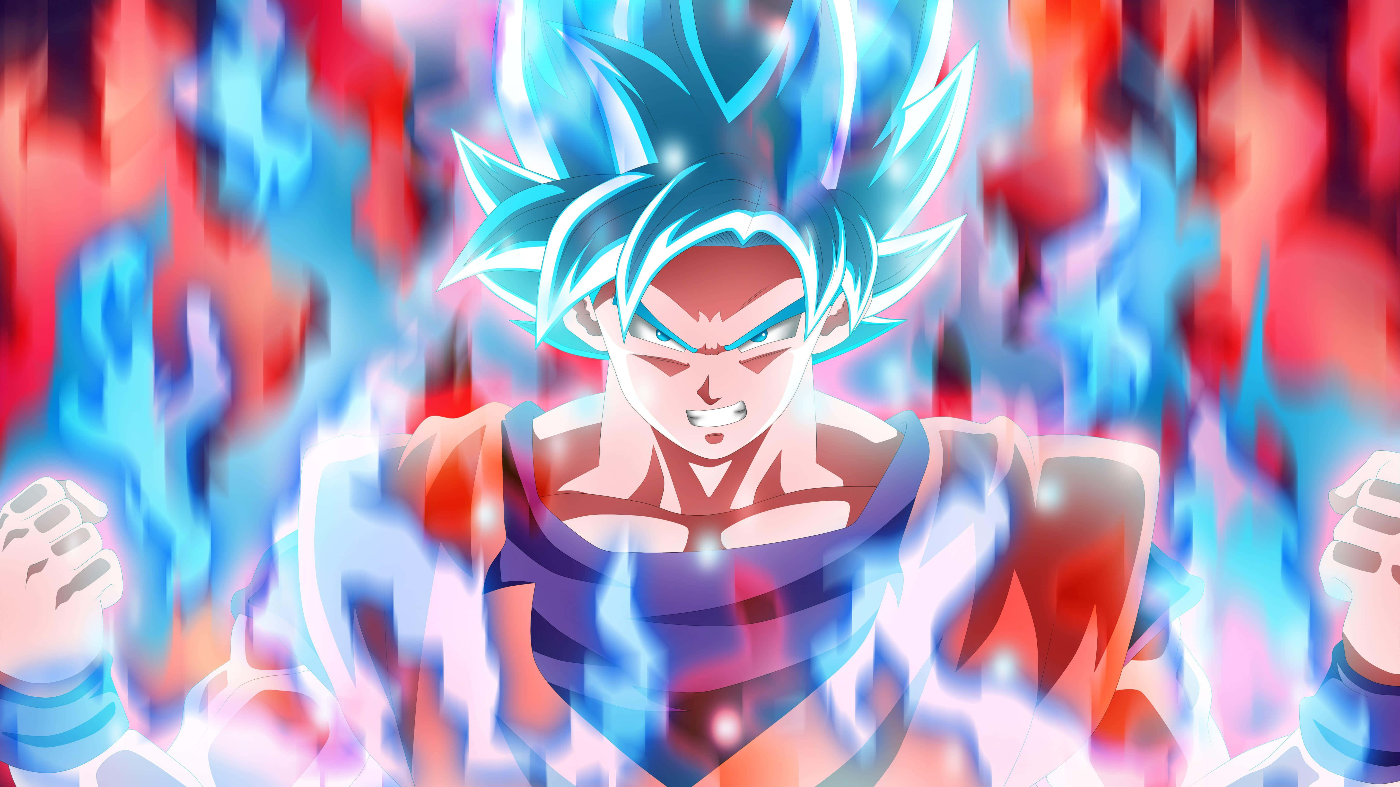 Goku Kaioken, spiky blue hair, glowing aura, 5K Desktop Wallpaper